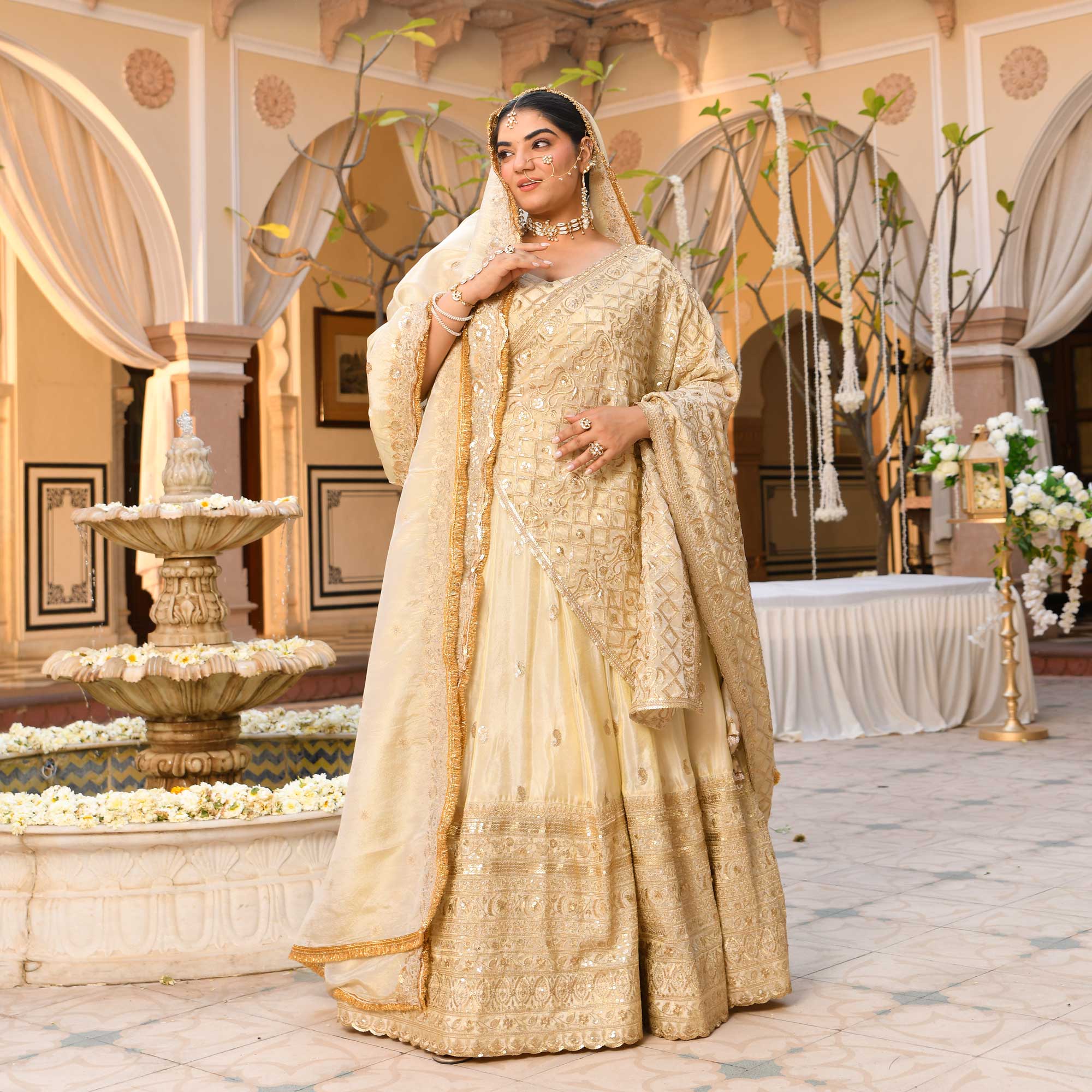 RANJHNA- Ivory & Gold Sequin Embroidered Pure Tissue Silk Lehenga Set