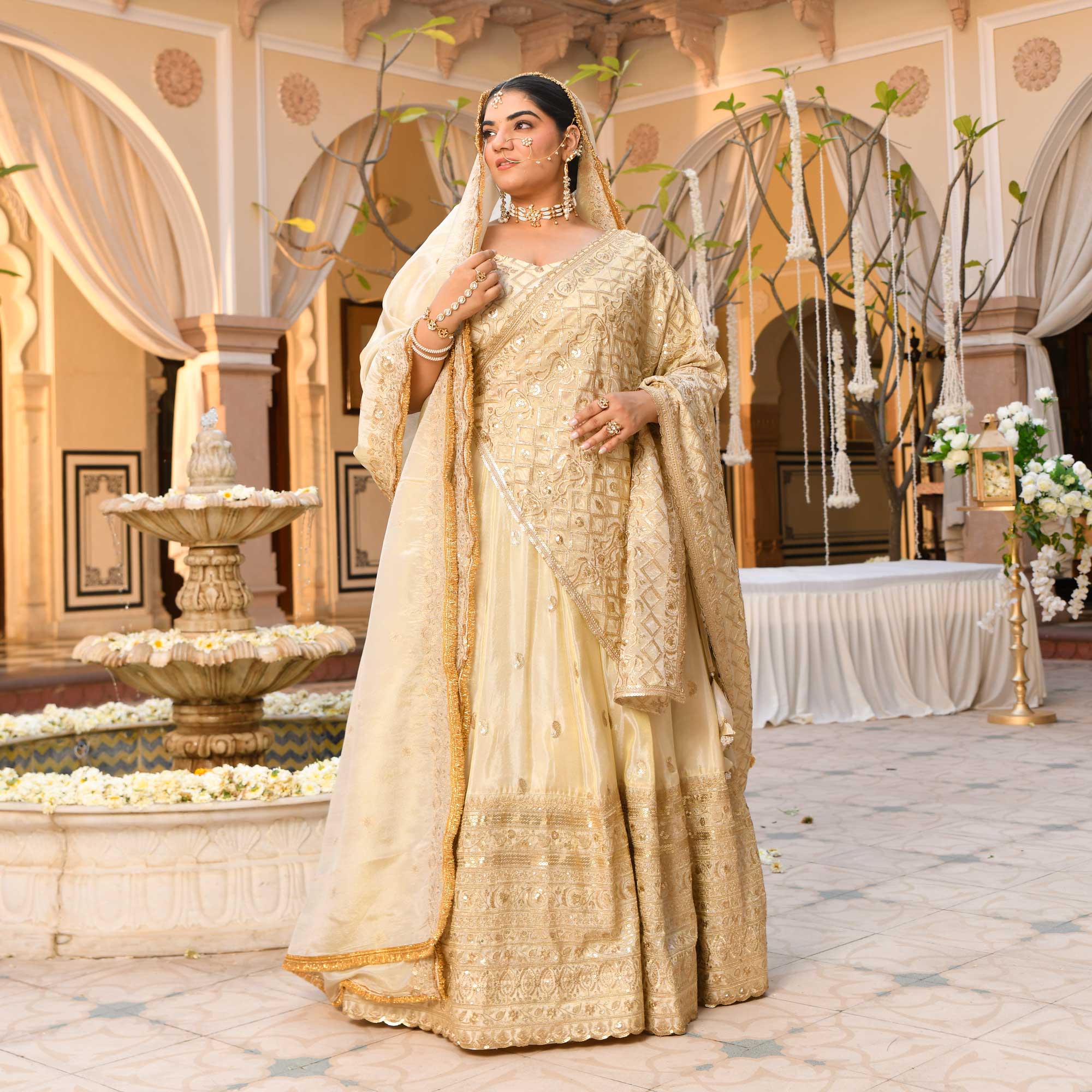 RANJHNA- Ivory & Gold Sequin Embroidered Pure Tissue Silk Lehenga Set