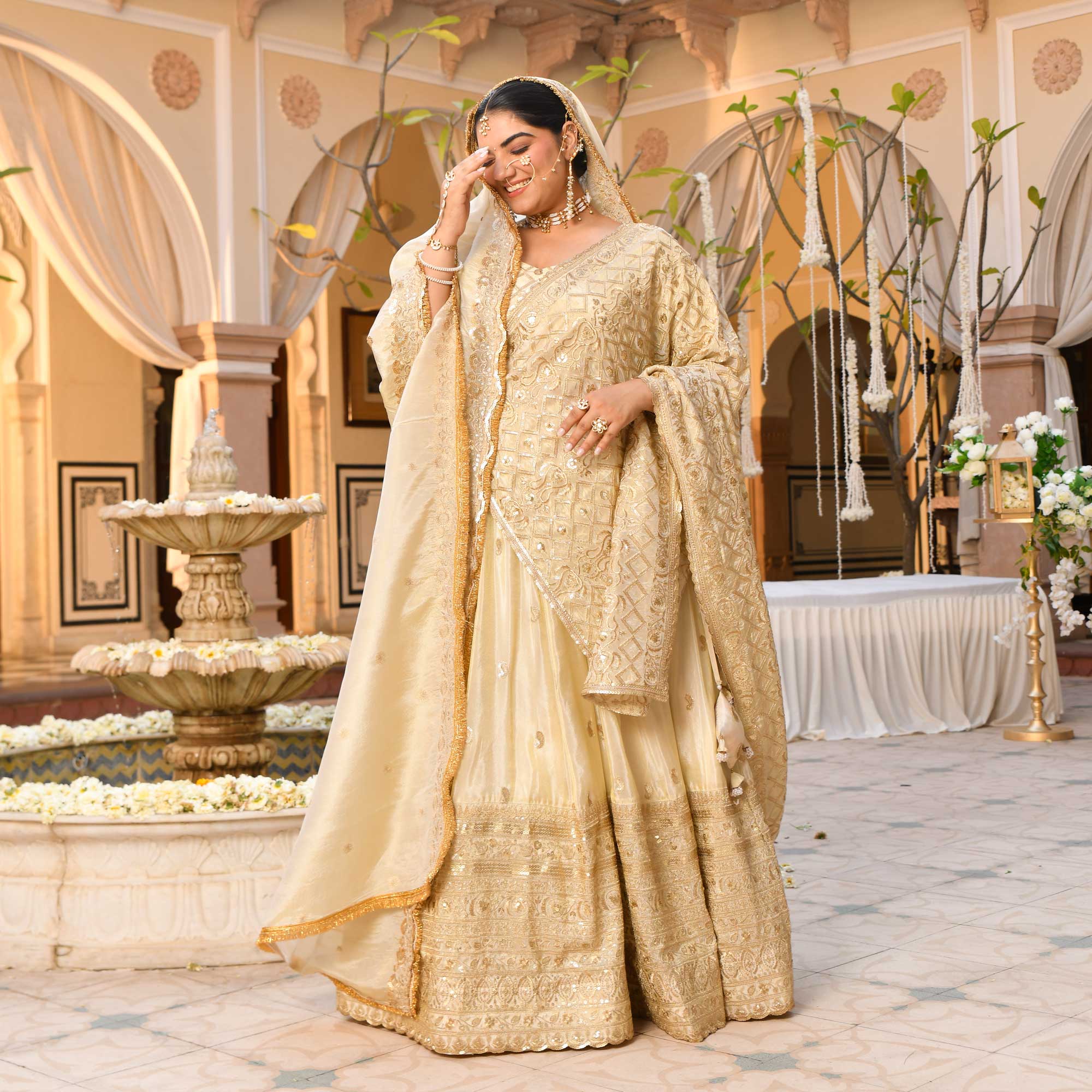 RANJHNA- Ivory & Gold Sequin Embroidered Pure Tissue Silk Lehenga Set