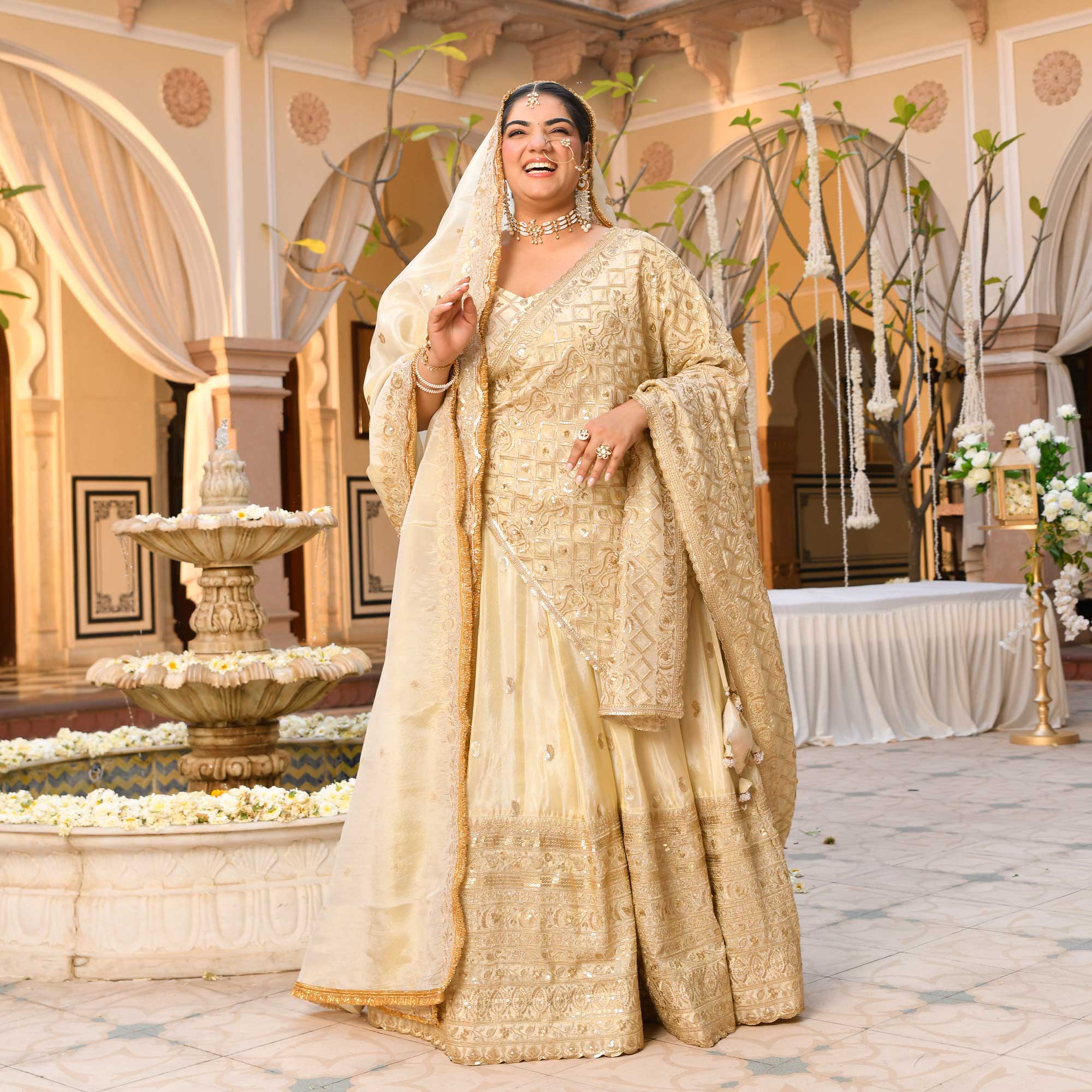 RANJHNA- Ivory & Gold Sequin Embroidered Pure Tissue Silk Lehenga Set
