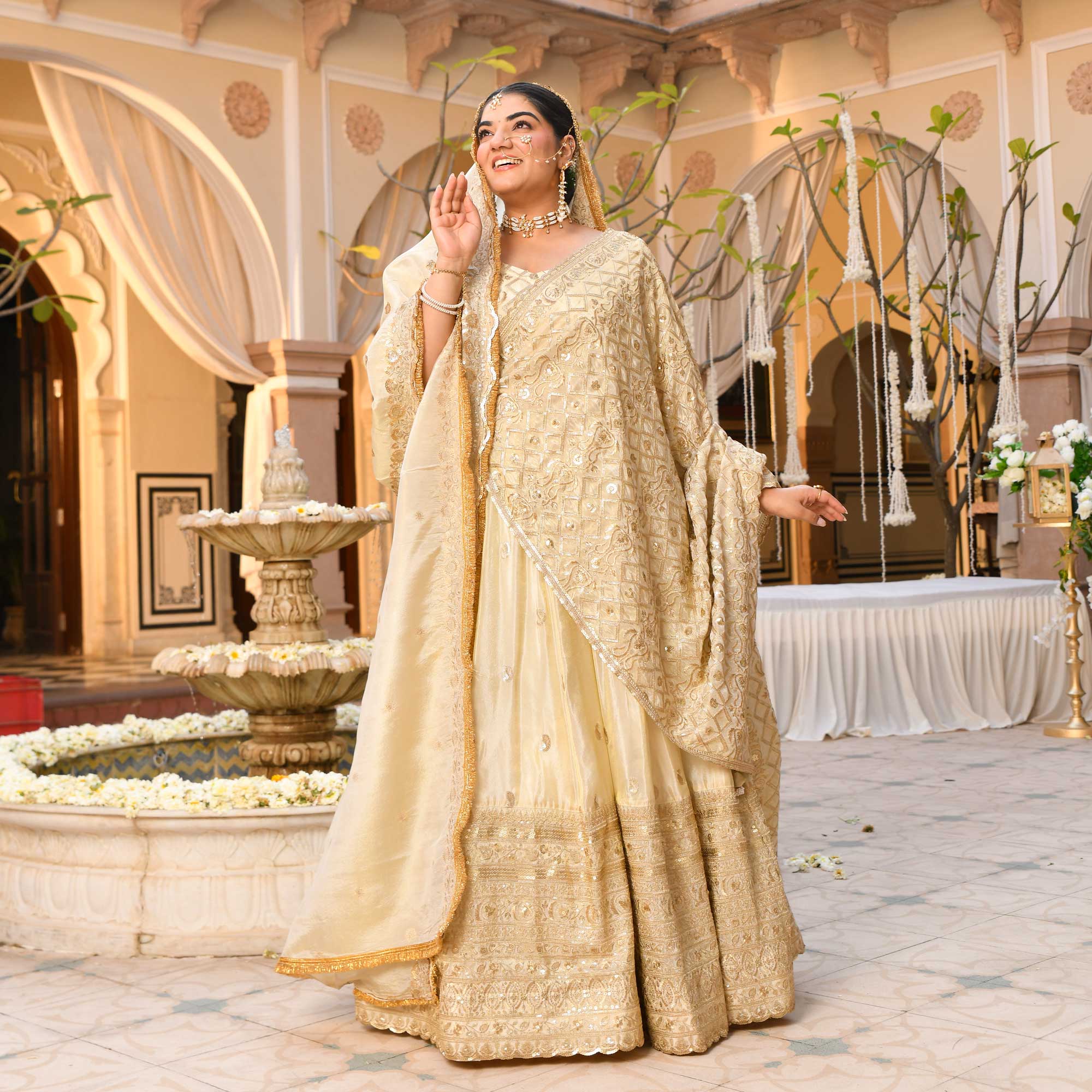 RANJHNA- Ivory & Gold Sequin Embroidered Pure Tissue Silk Lehenga Set