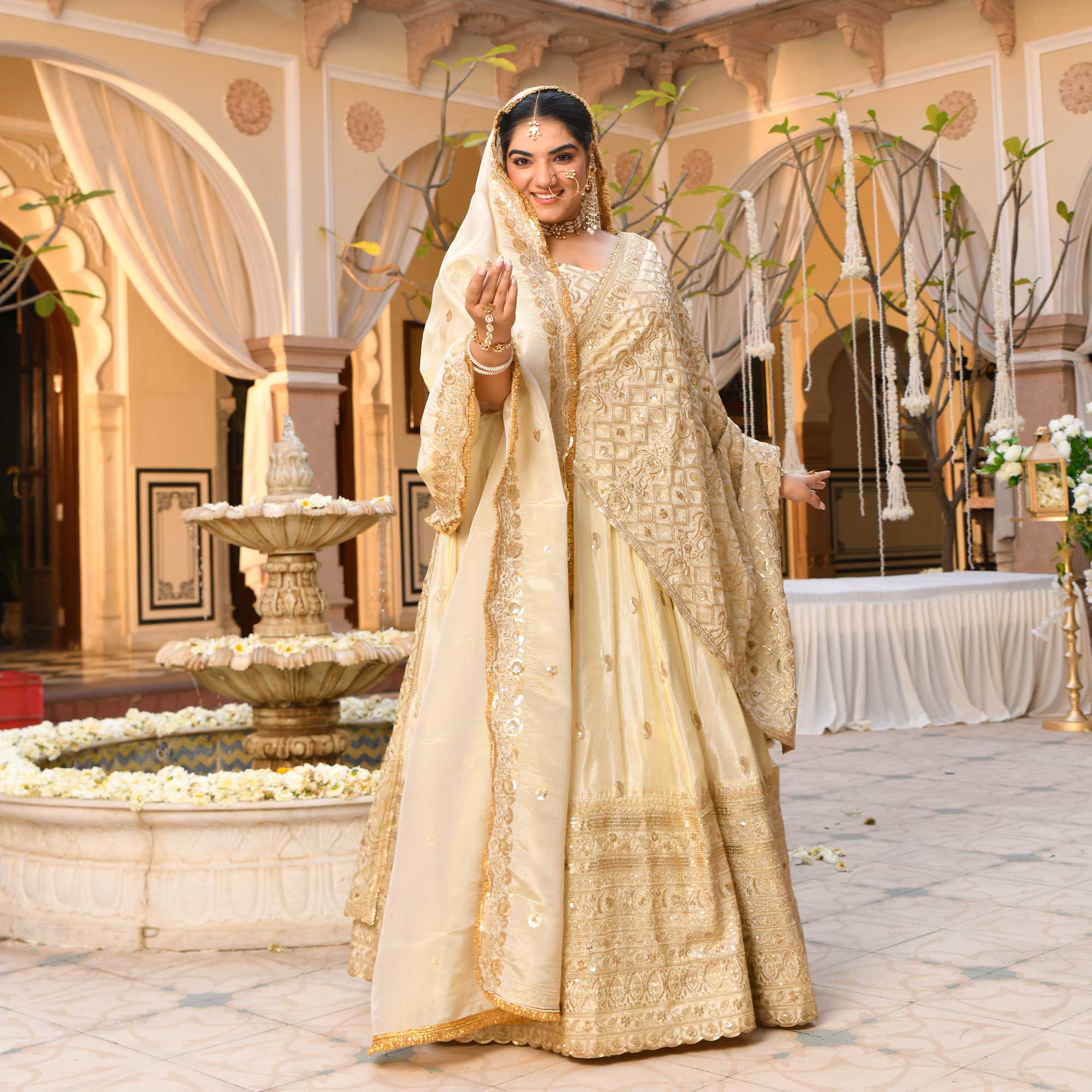 RANJHNA- Ivory & Gold Sequin Embroidered Pure Tissue Silk Lehenga Set