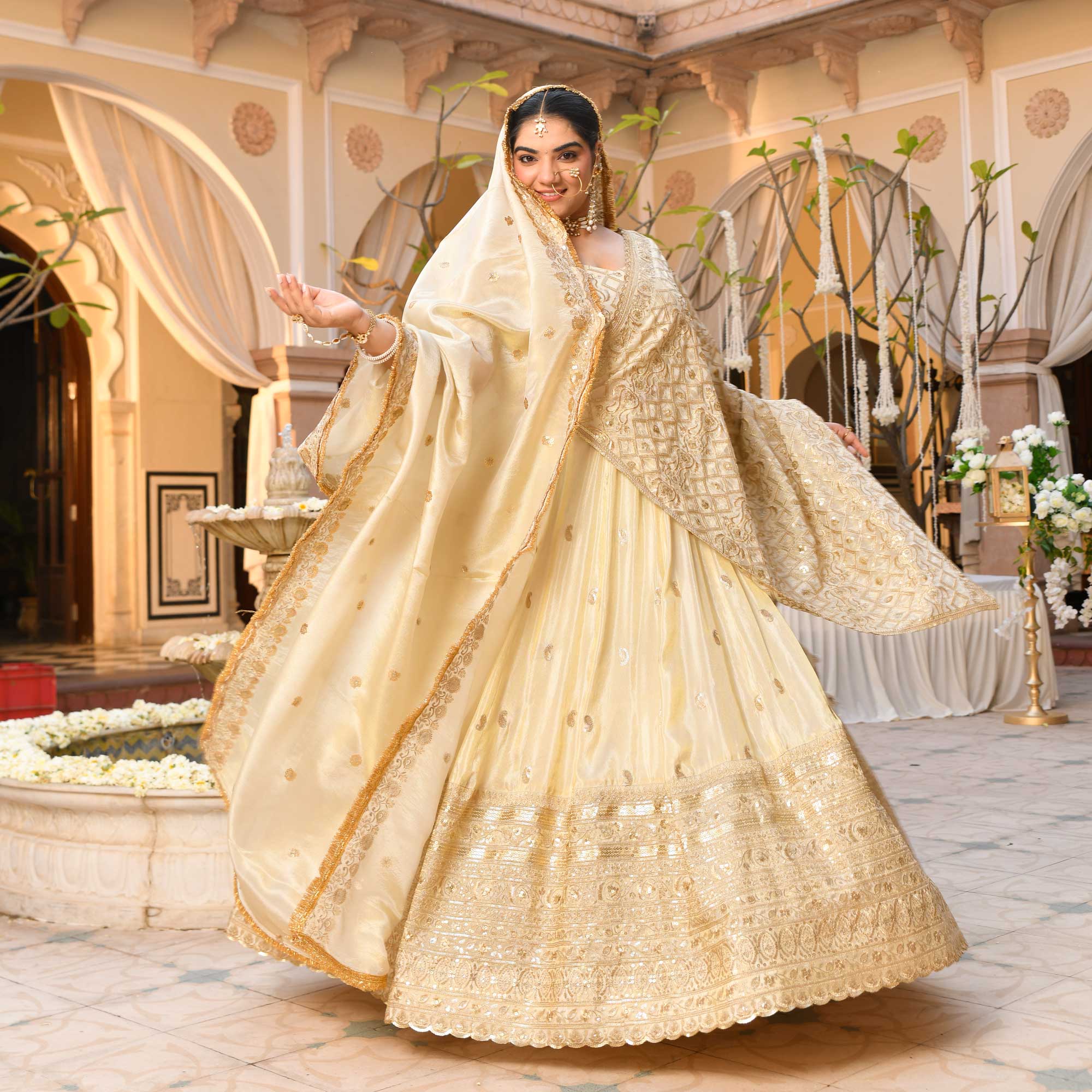 RANJHNA- Ivory & Gold Sequin Embroidered Pure Tissue Silk Lehenga Set