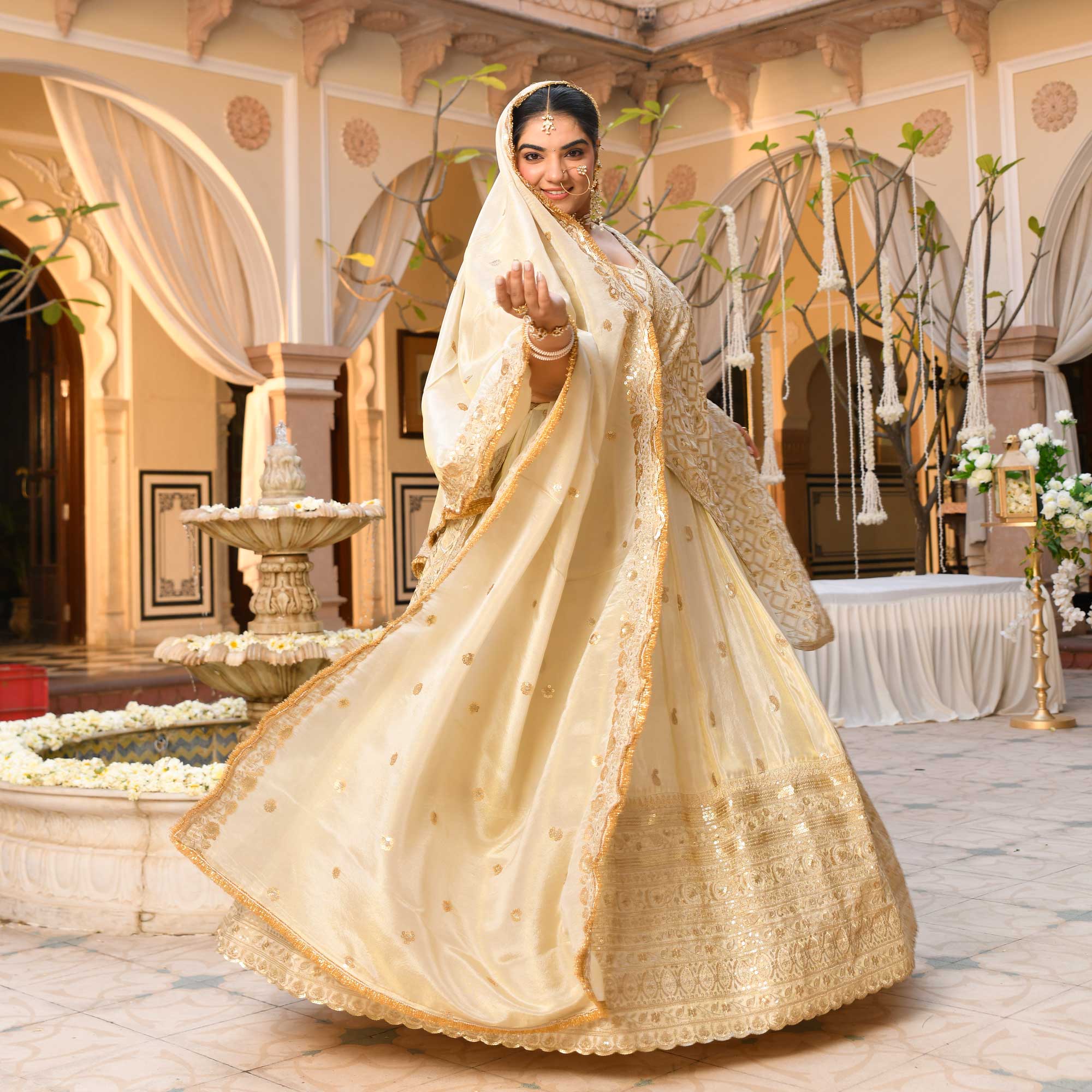 RANJHNA- Ivory & Gold Sequin Embroidered Pure Tissue Silk Lehenga Set