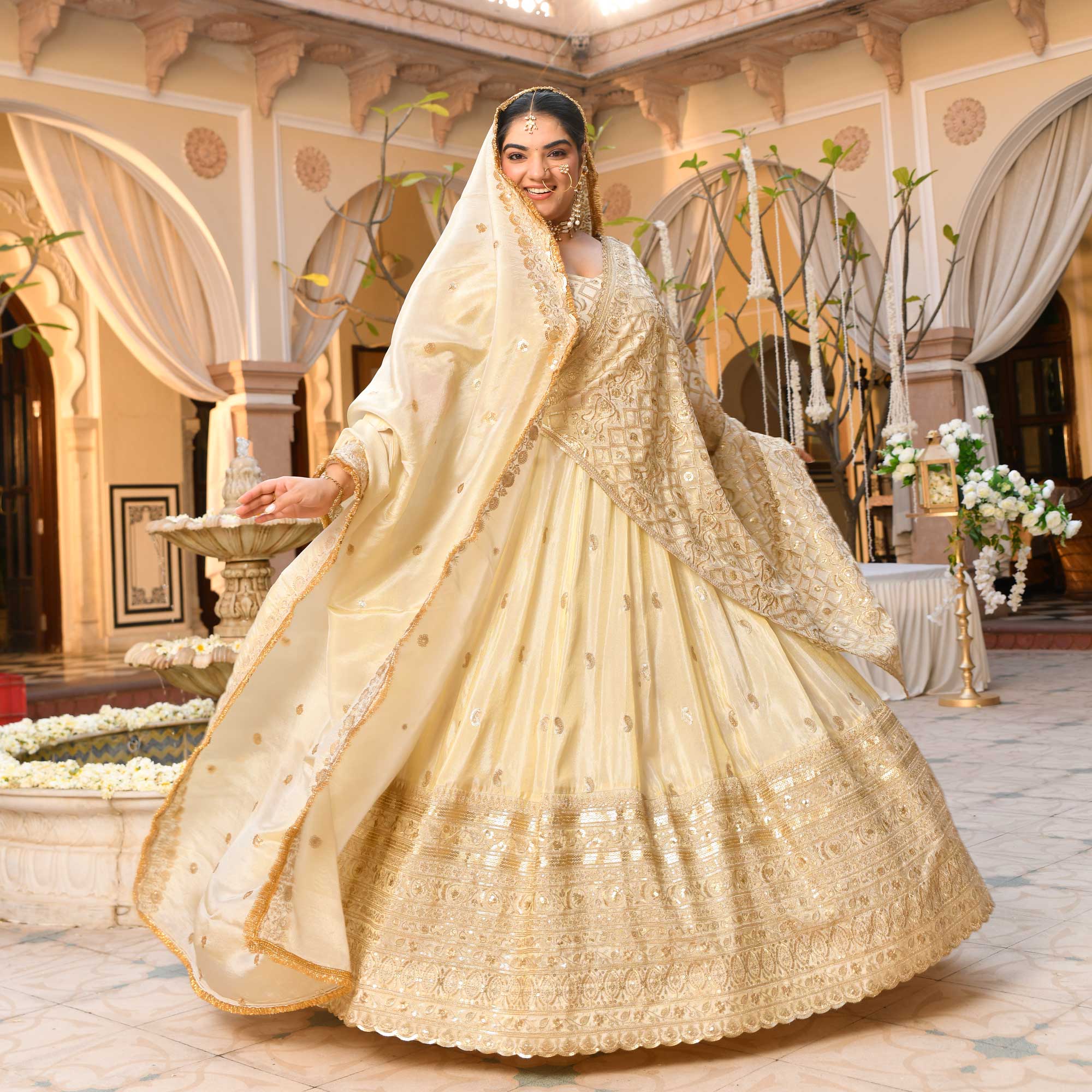 RANJHNA- Ivory & Gold Sequin Embroidered Pure Tissue Silk Lehenga Set
