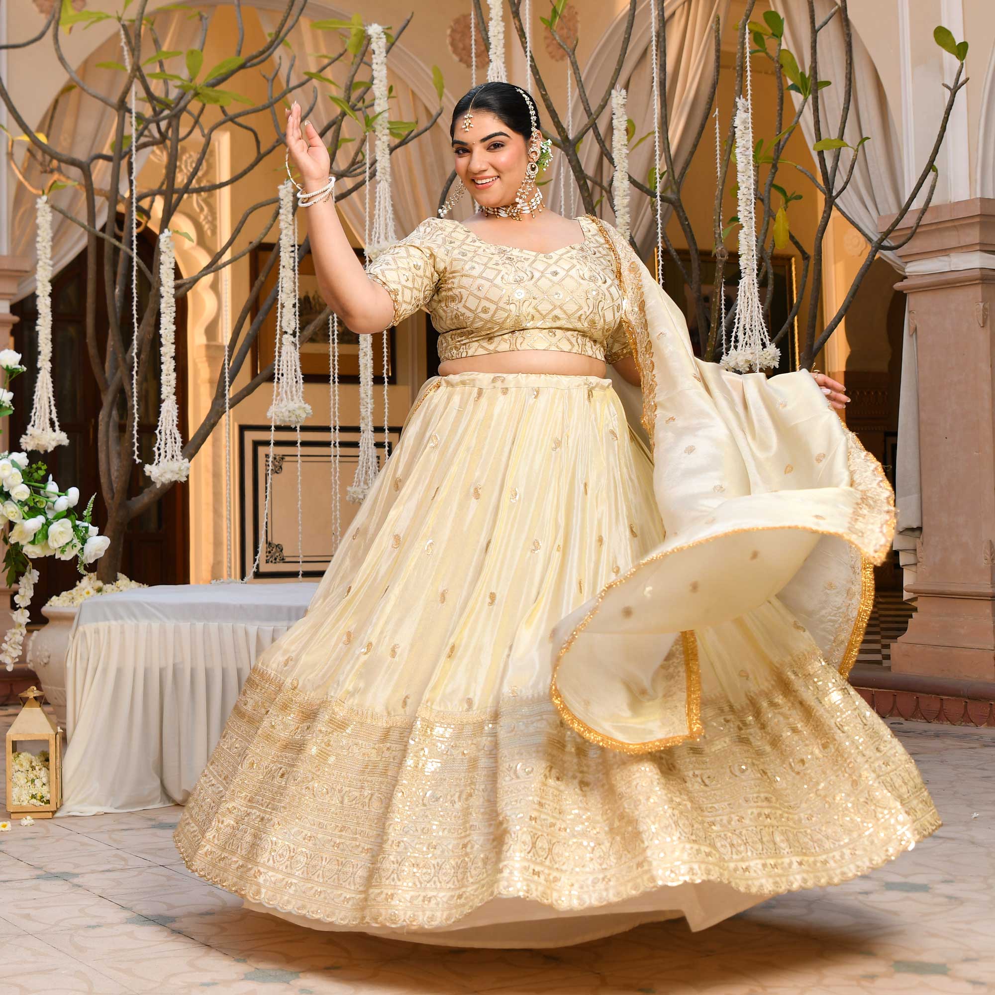 RANJHNA- Ivory & Gold Sequin Embroidered Pure Tissue Silk Lehenga Set