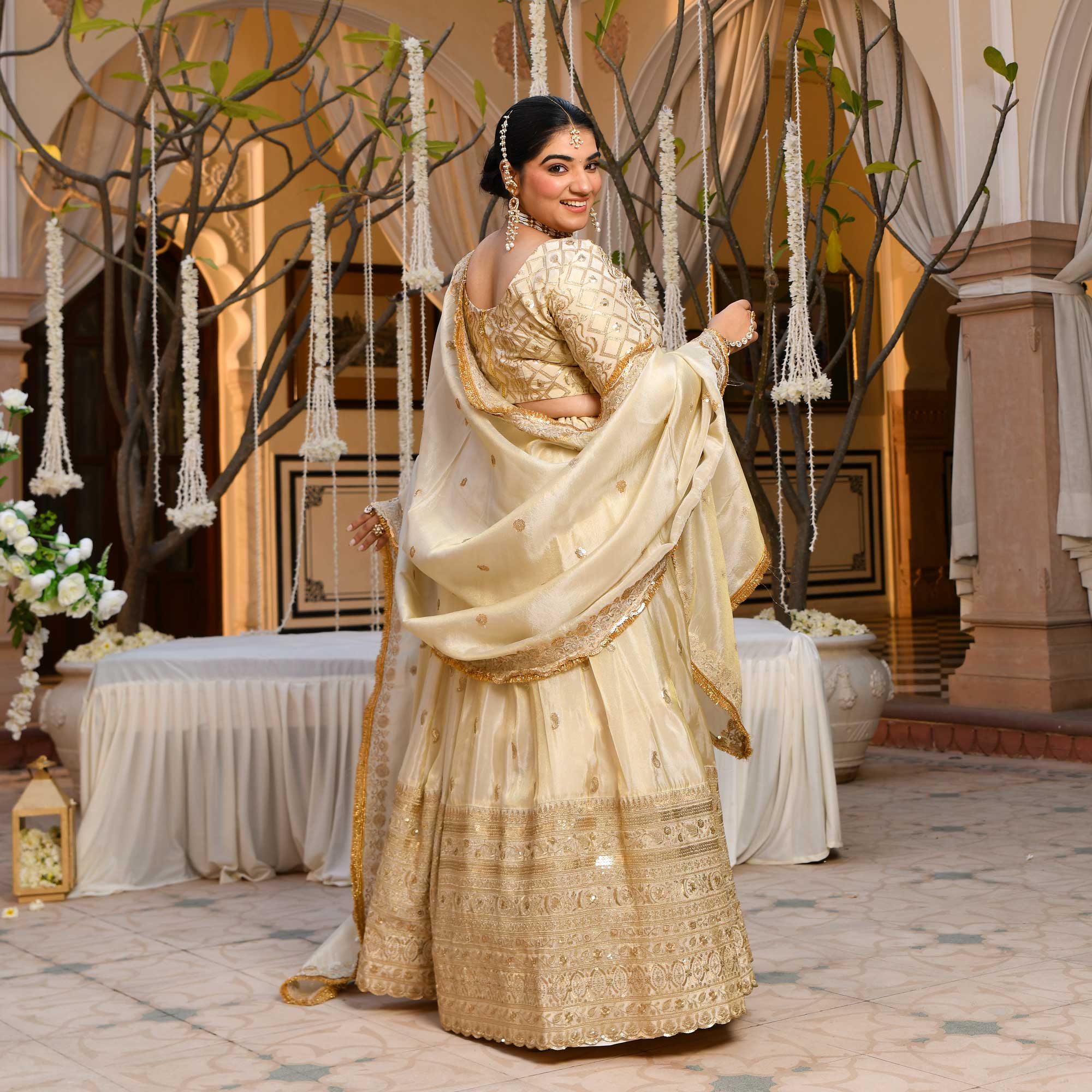 RANJHNA- Ivory & Gold Sequin Embroidered Pure Tissue Silk Lehenga Set