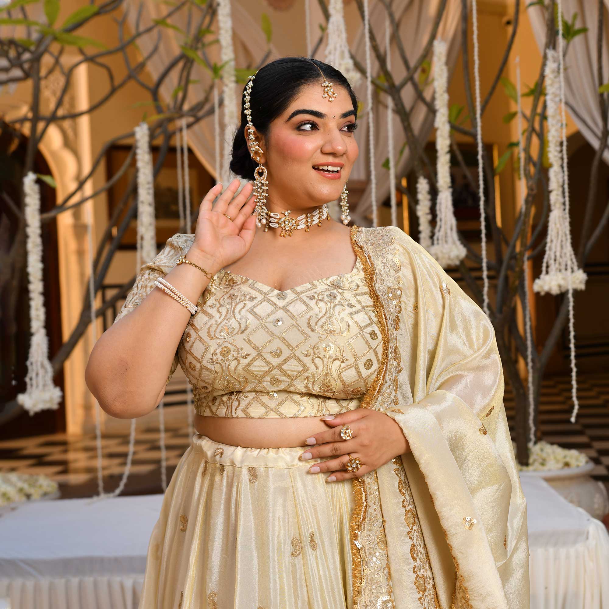 RANJHNA- Ivory & Gold Sequin Embroidered Pure Tissue Silk Lehenga Set