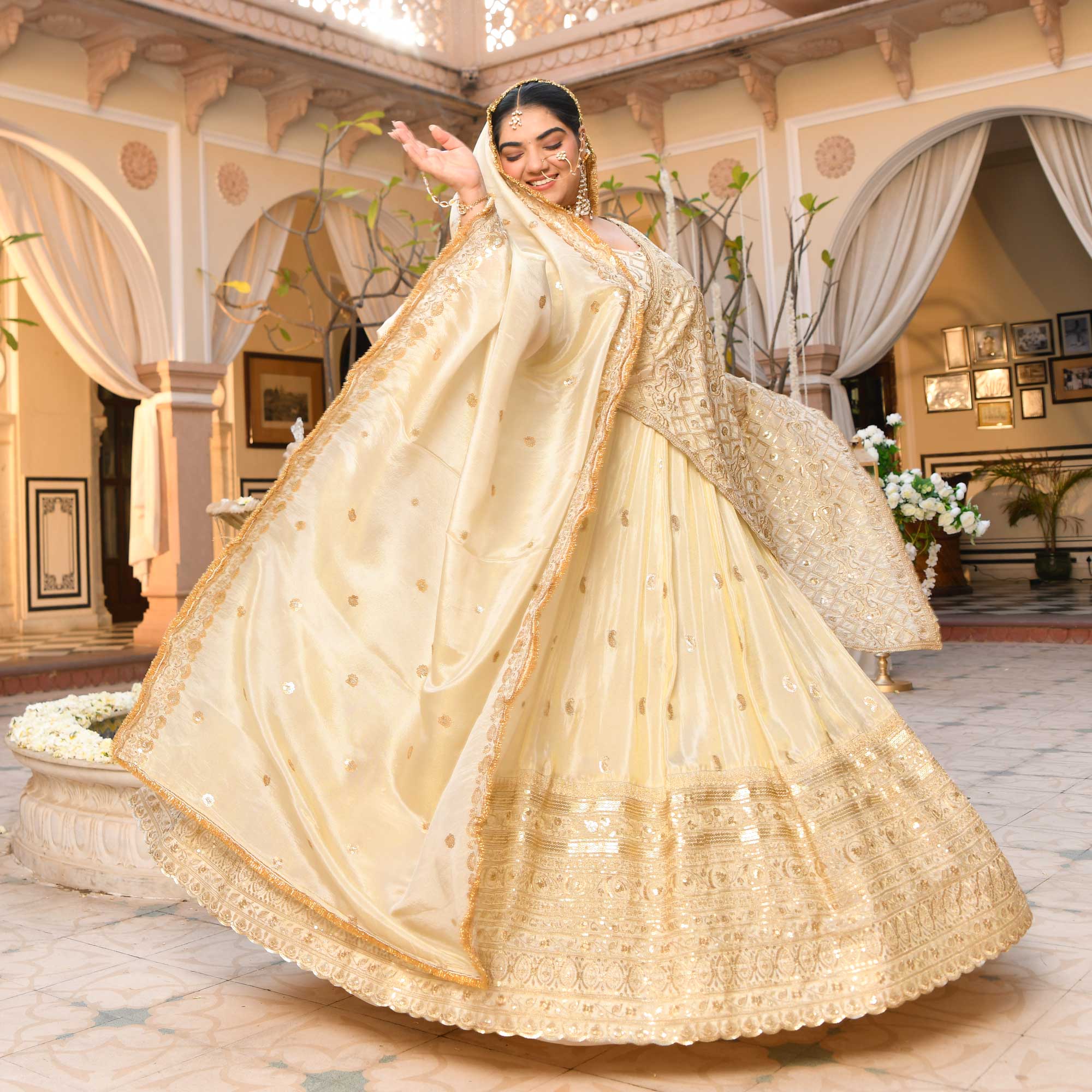 RANJHNA- Ivory & Gold Sequin Embroidered Pure Tissue Silk Lehenga Set