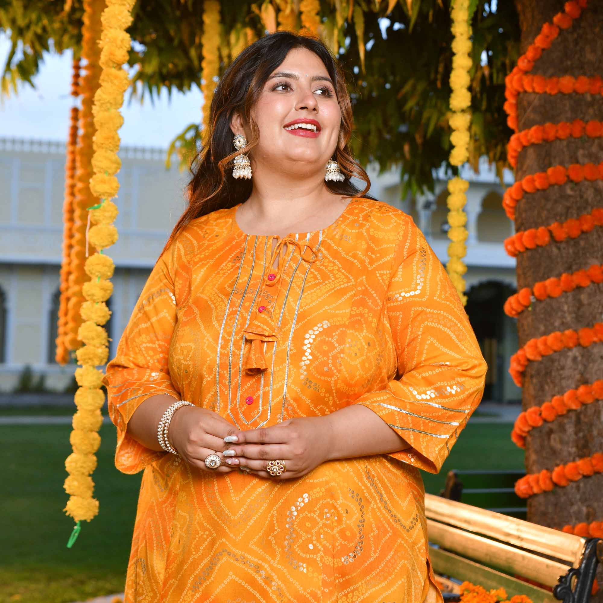 Peetambari- Mustard Yellow Bandhani Gota Princess Line Kurta