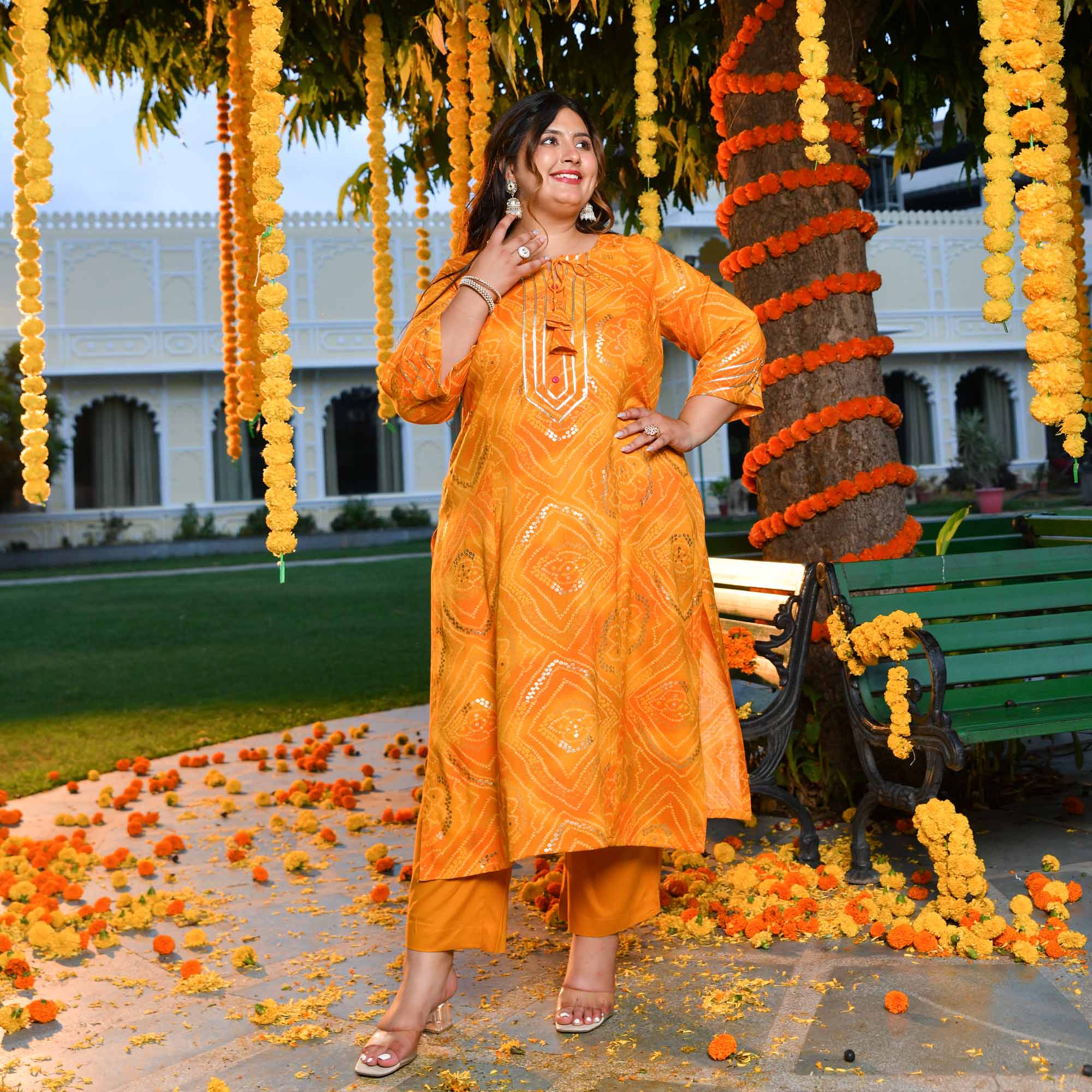 Peetambari- Mustard Yellow Bandhani Gota Princess Line Kurta