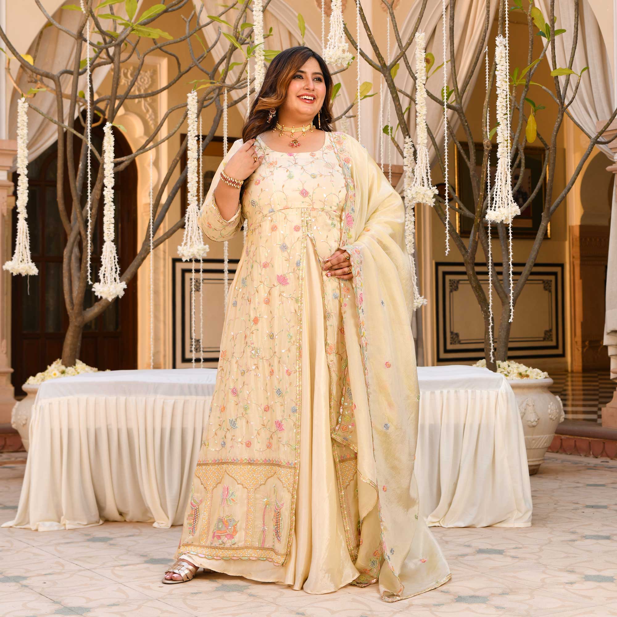 PAALKI- Ivory Cutdana Embroidered Pure Tissue Silk Anarkali