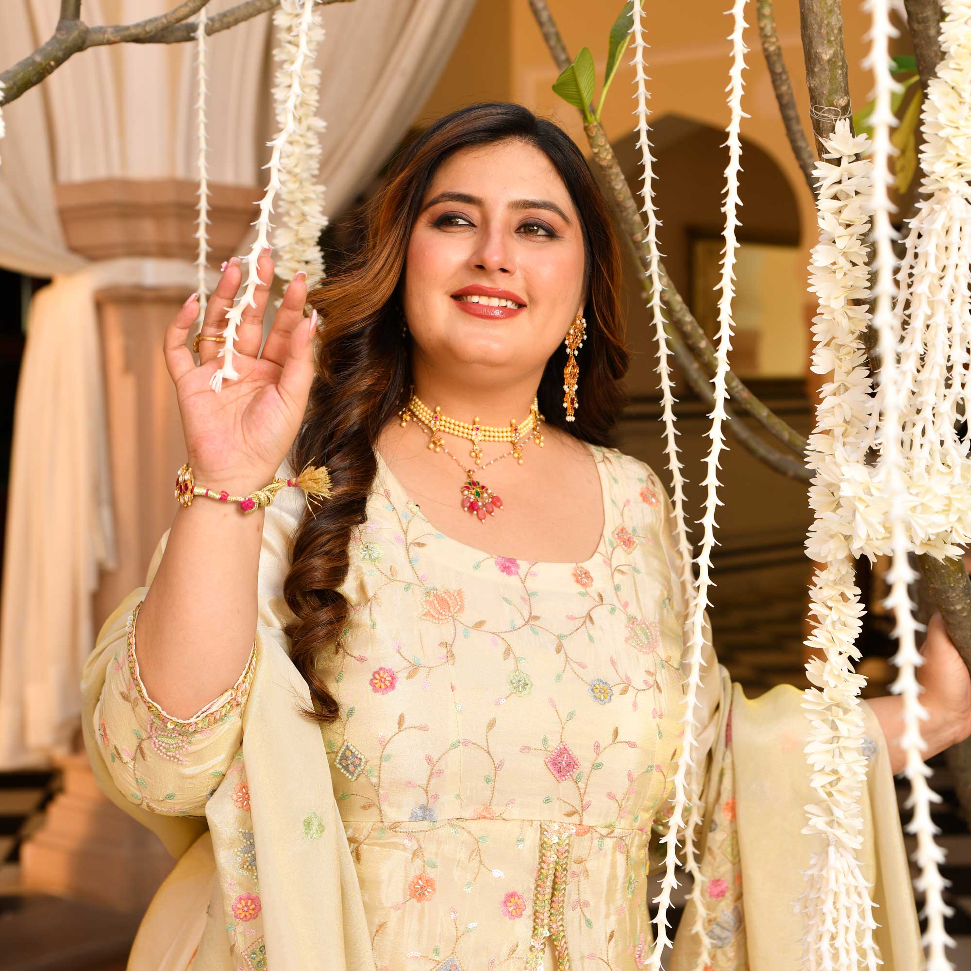 PAALKI- Ivory Cutdana Embroidered Pure Tissue Silk Anarkali