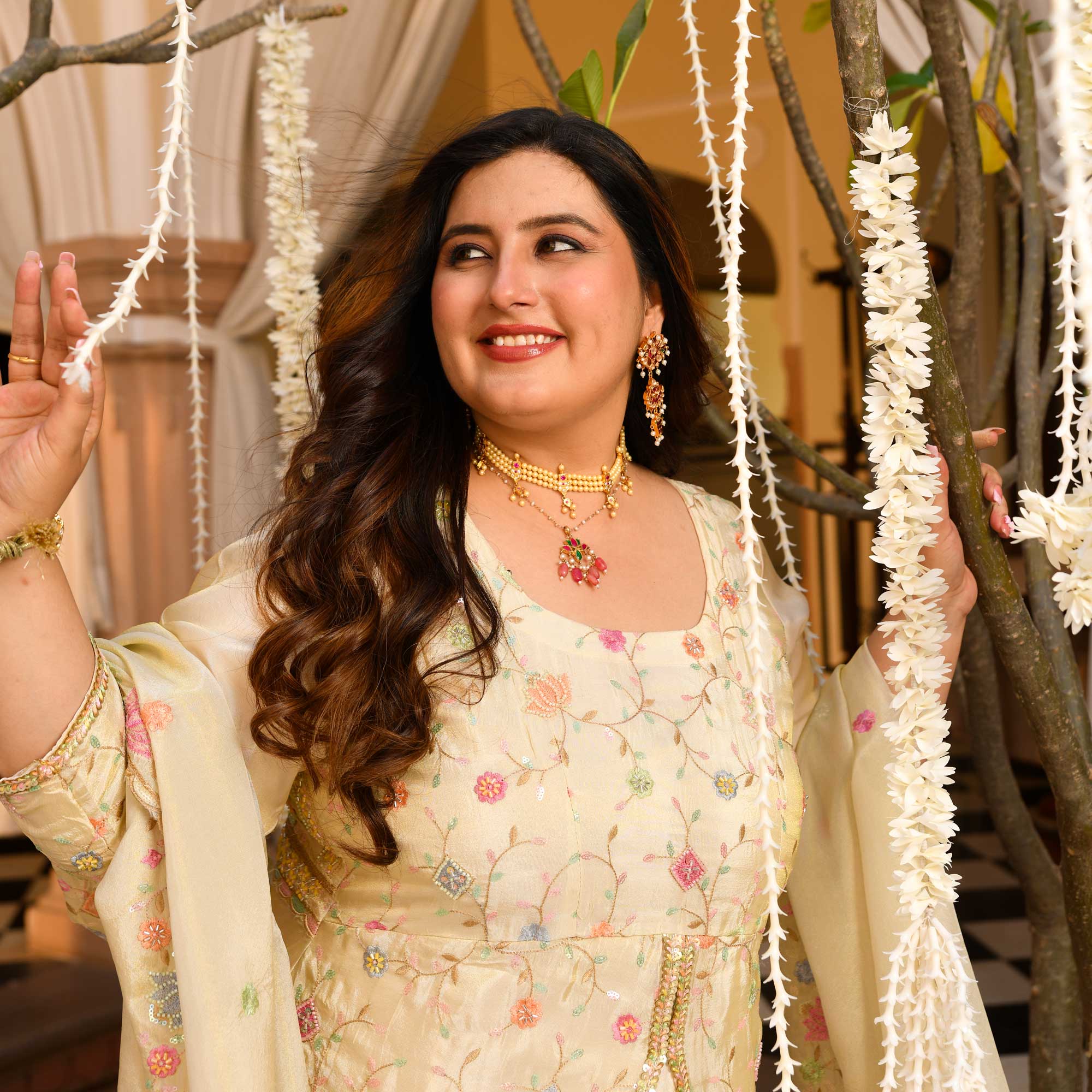 PAALKI- Ivory Cutdana Embroidered Pure Tissue Silk Anarkali