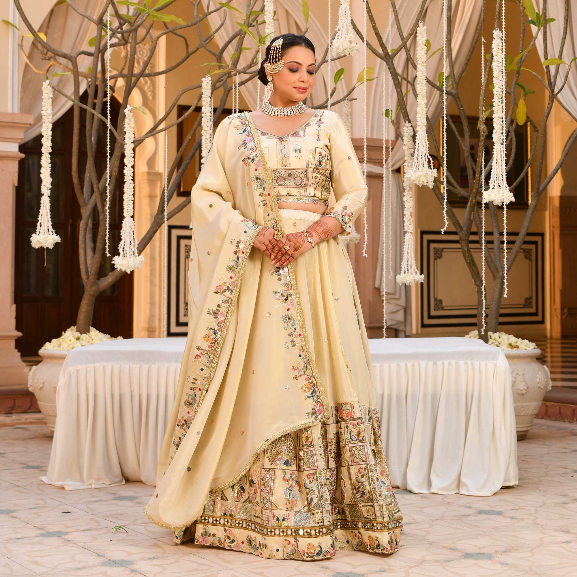 RUHANI- Ivory Sequin & Thread Embroidered Pure Tissue Silk Lehenga Set