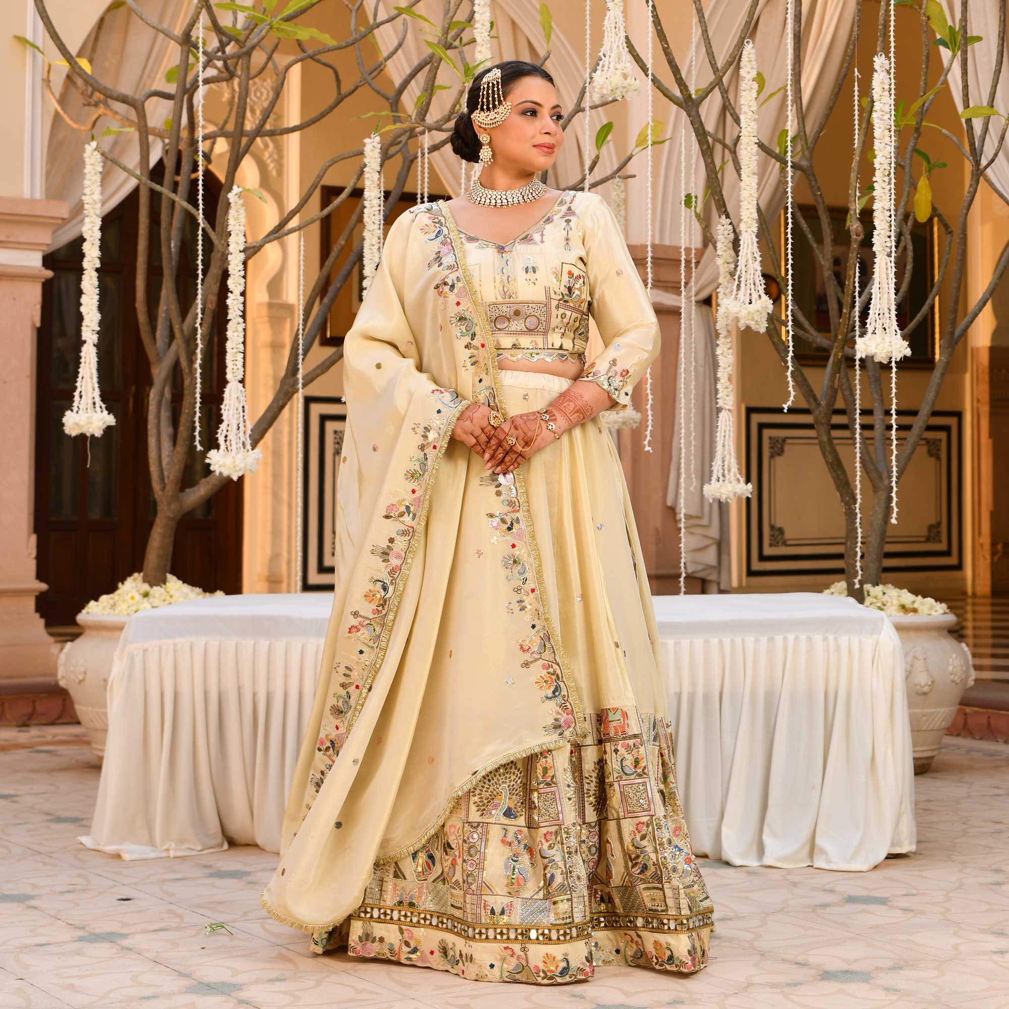 RUHANI- Ivory Sequin & Thread Embroidered Pure Tissue Silk Lehenga Set
