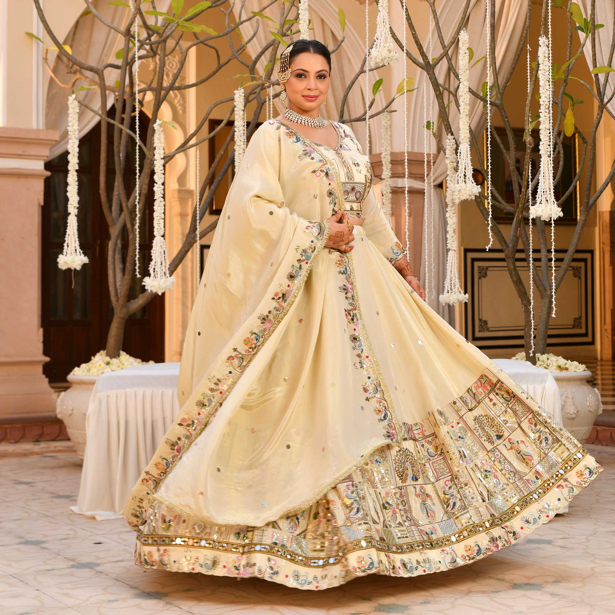 RUHANI- Ivory Sequin & Thread Embroidered Pure Tissue Silk Lehenga Set