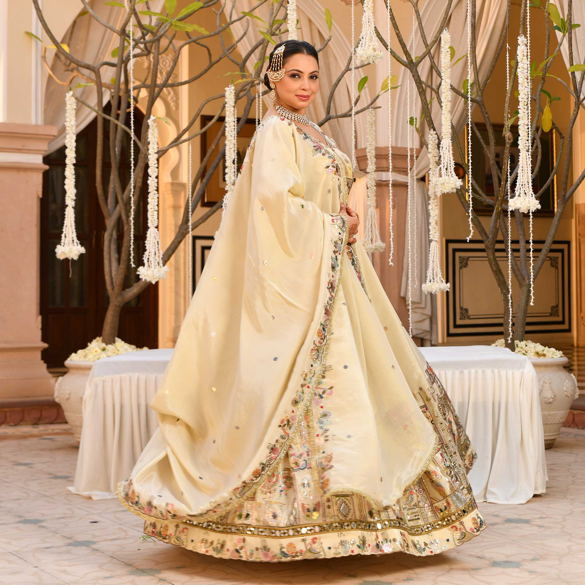 RUHANI- Ivory Sequin & Thread Embroidered Pure Tissue Silk Lehenga Set