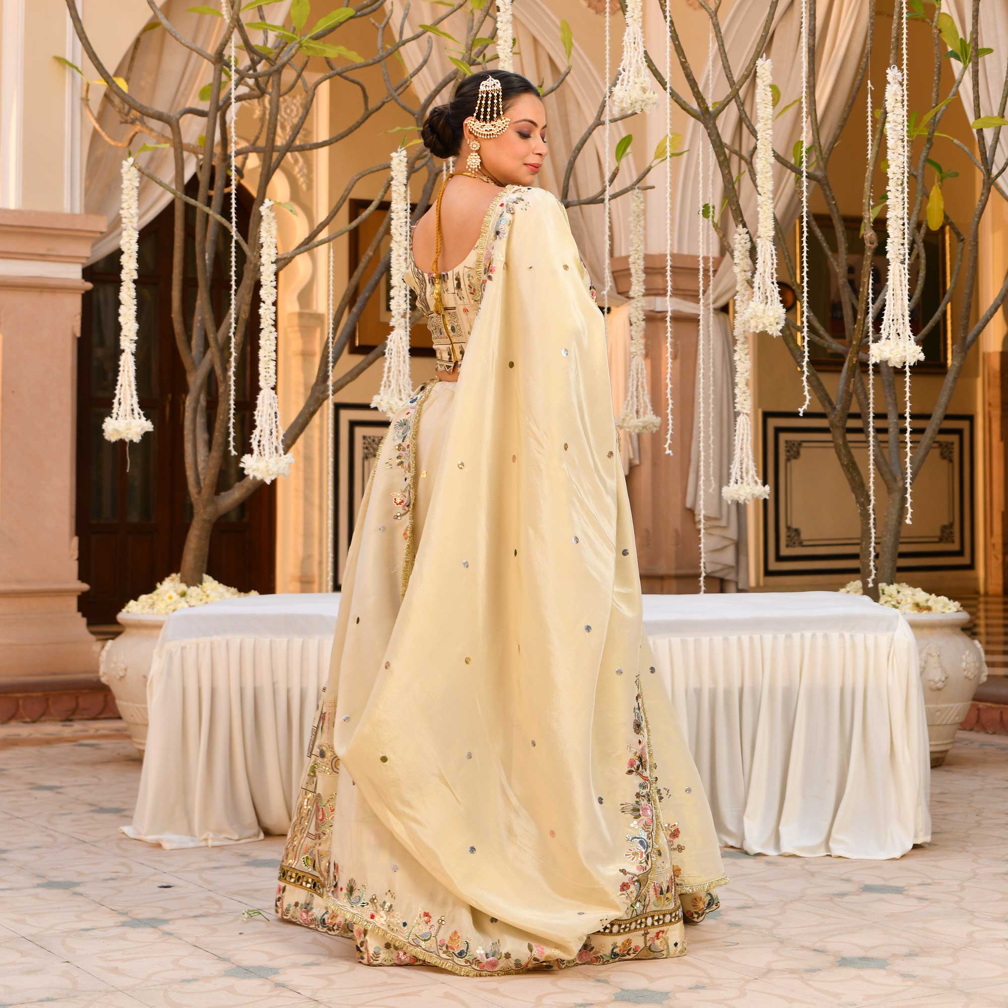 RUHANI- Ivory Sequin & Thread Embroidered Pure Tissue Silk Lehenga Set