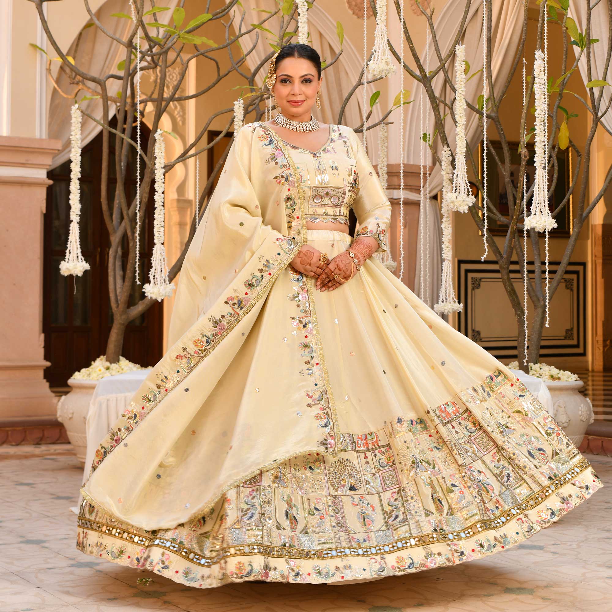 RUHANI- Ivory Sequin & Thread Embroidered Pure Tissue Silk Lehenga Set