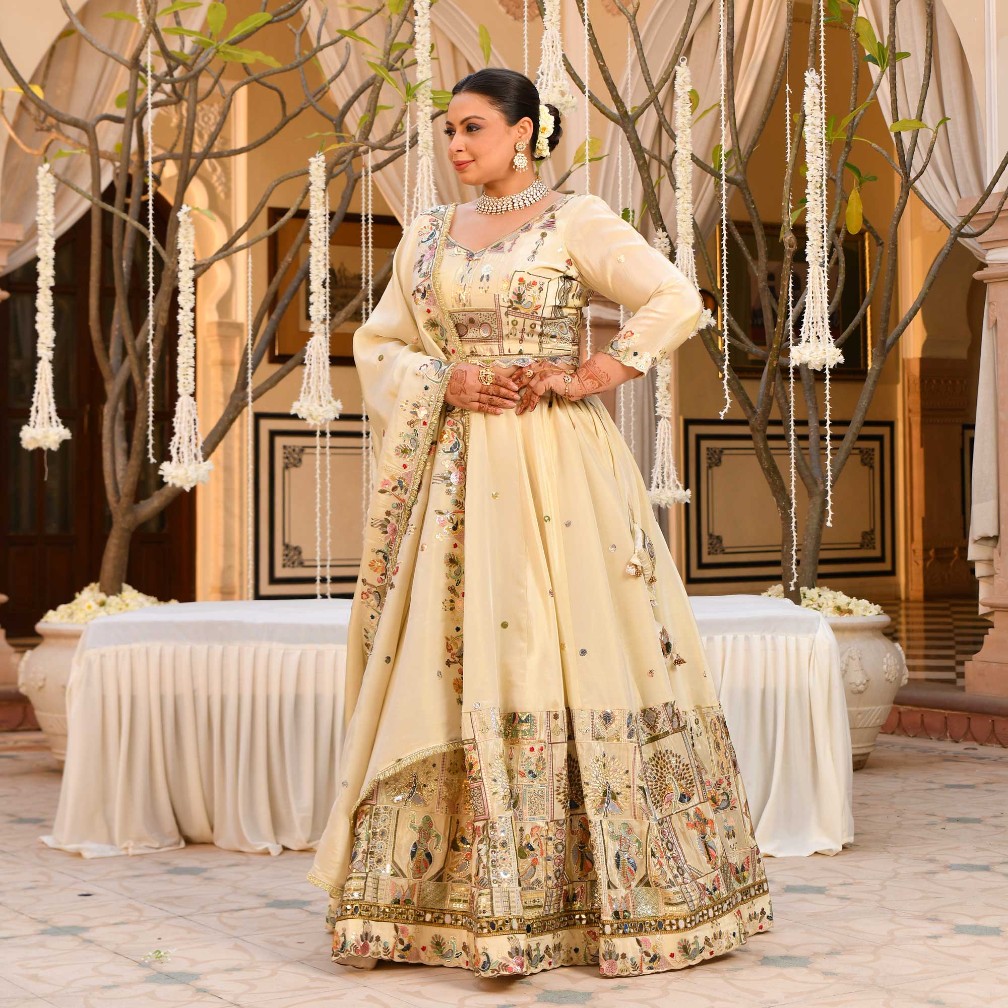 RUHANI- Ivory Sequin & Thread Embroidered Pure Tissue Silk Lehenga Set