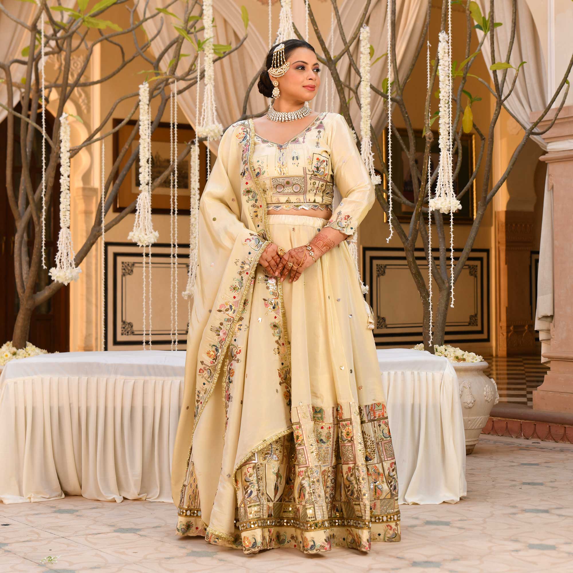 RUHANI- Ivory Sequin & Thread Embroidered Pure Tissue Silk Lehenga Set