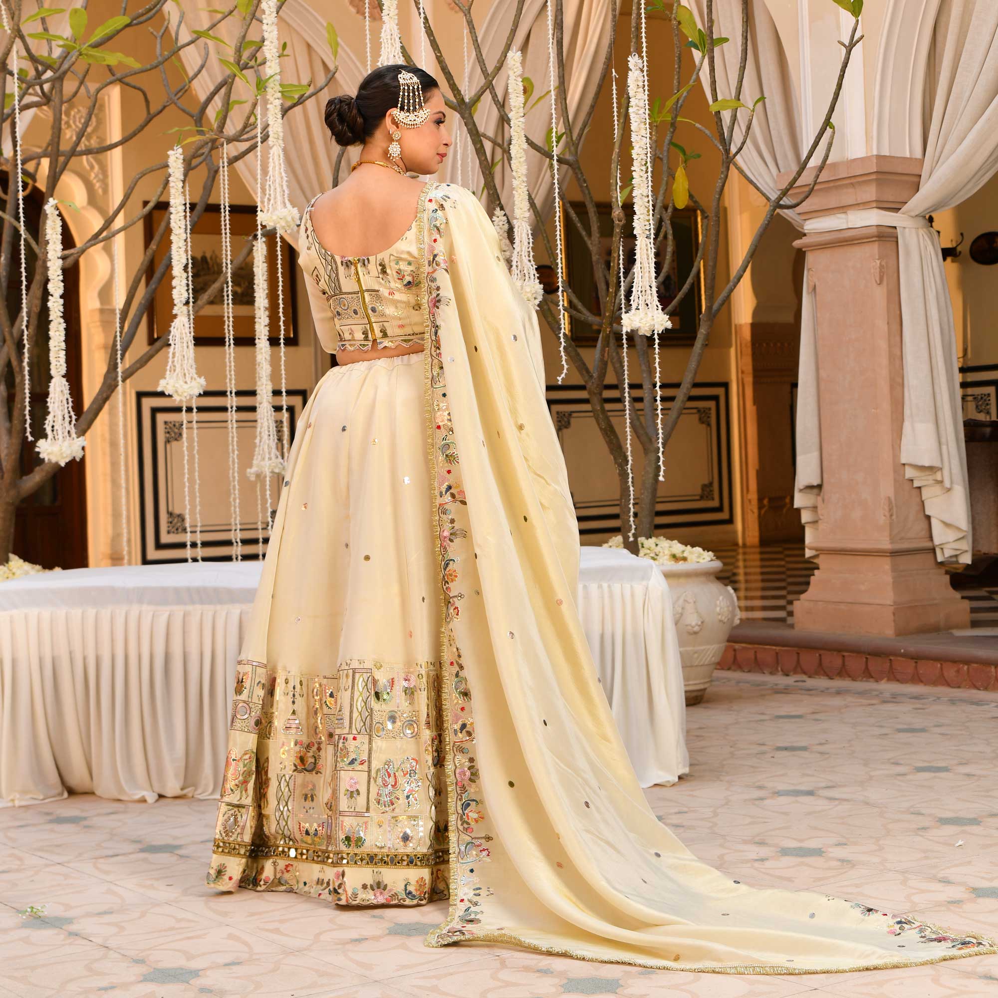 RUHANI- Ivory Sequin & Thread Embroidered Pure Tissue Silk Lehenga Set