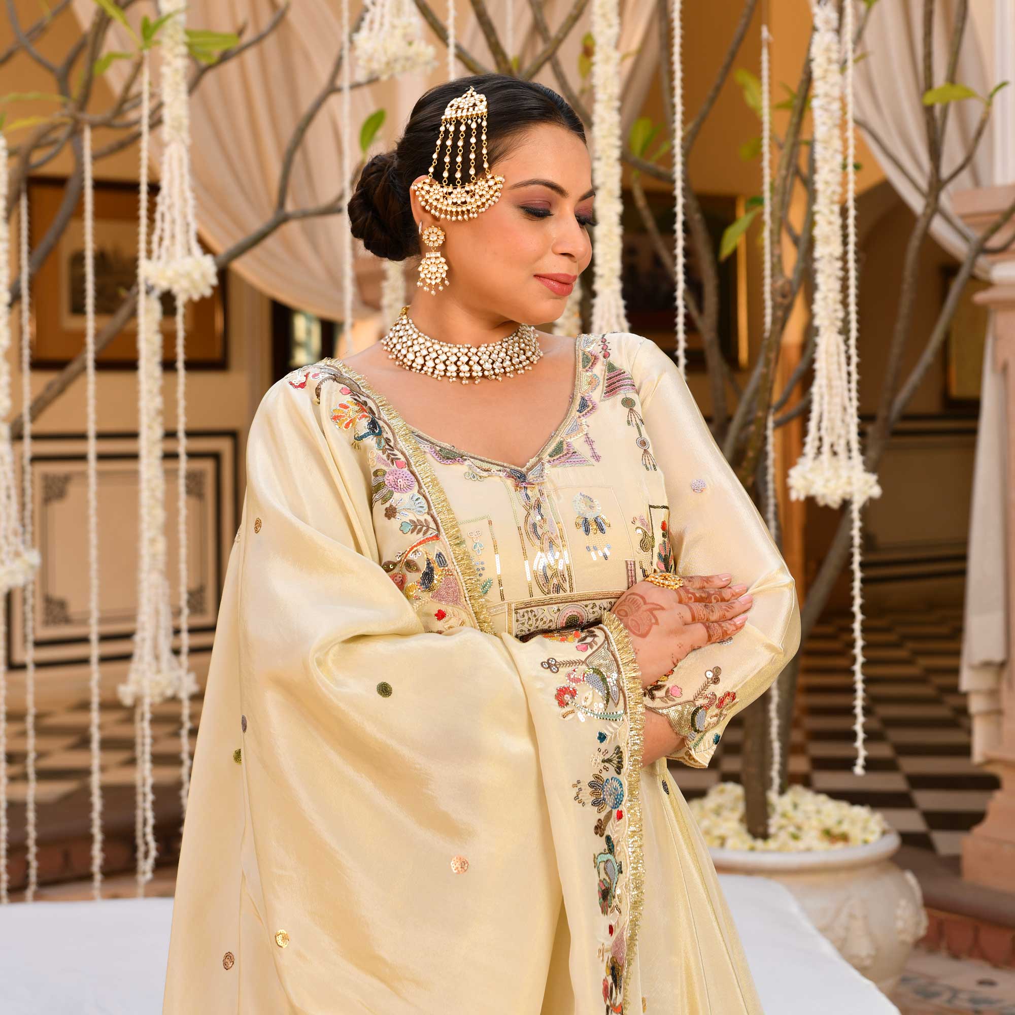 RUHANI- Ivory Sequin & Thread Embroidered Pure Tissue Silk Lehenga Set