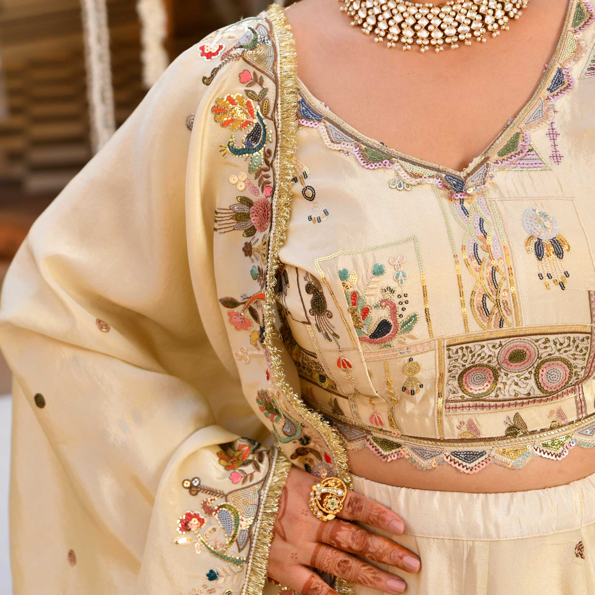 RUHANI- Ivory Sequin & Thread Embroidered Pure Tissue Silk Lehenga Set