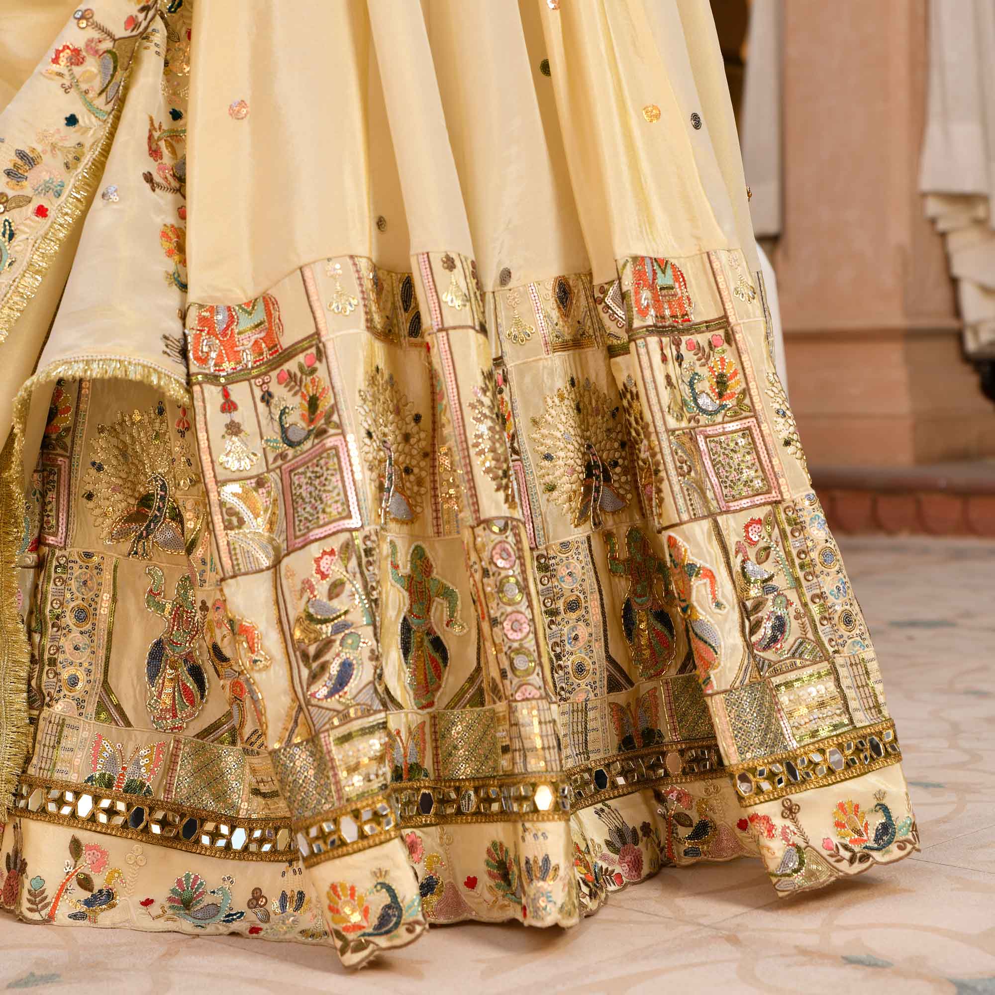 RUHANI- Ivory Sequin & Thread Embroidered Pure Tissue Silk Lehenga Set