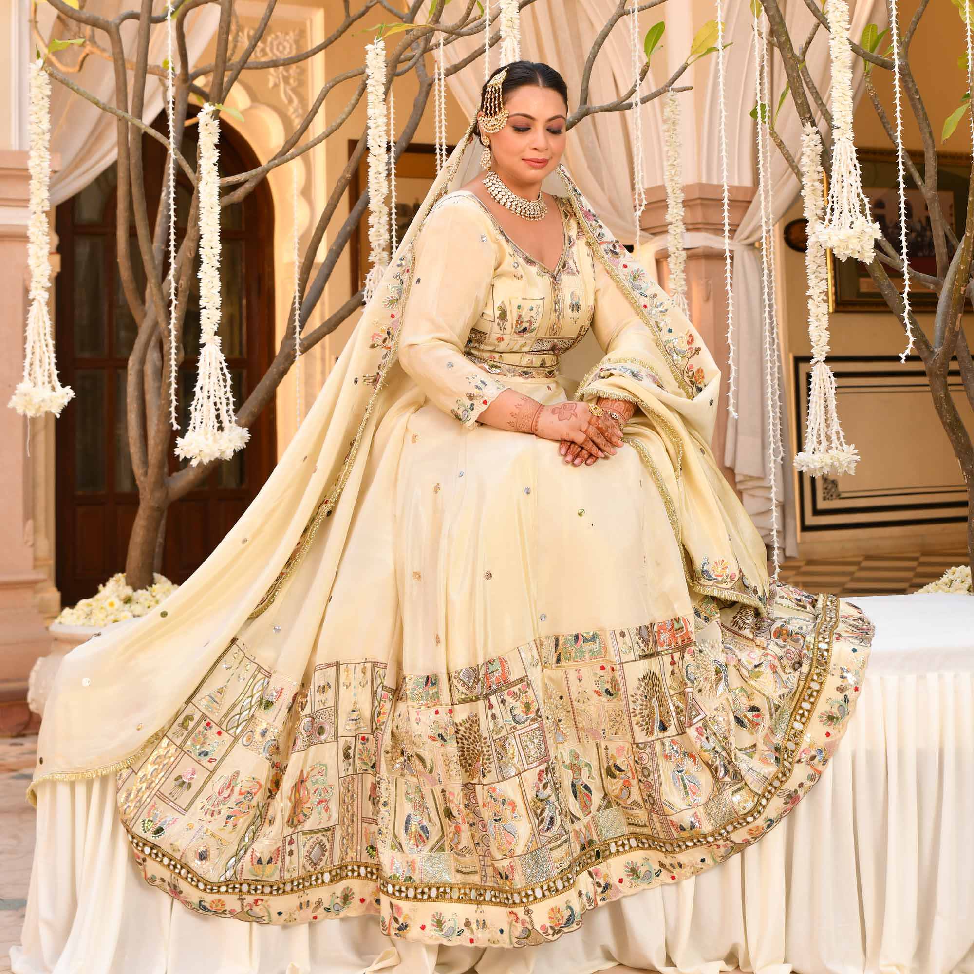 RUHANI- Ivory Sequin & Thread Embroidered Pure Tissue Silk Lehenga Set
