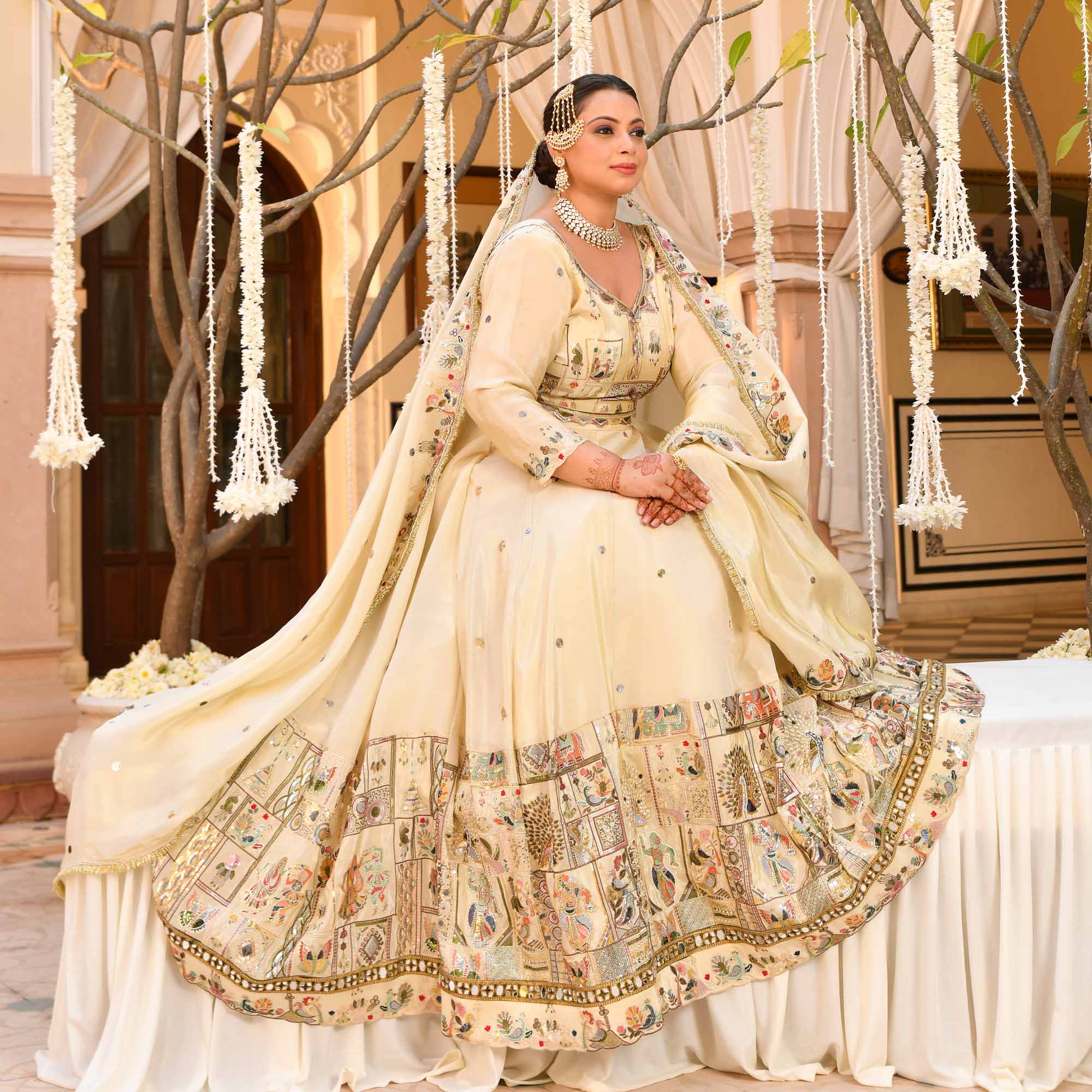 RUHANI- Ivory Sequin & Thread Embroidered Pure Tissue Silk Lehenga Set