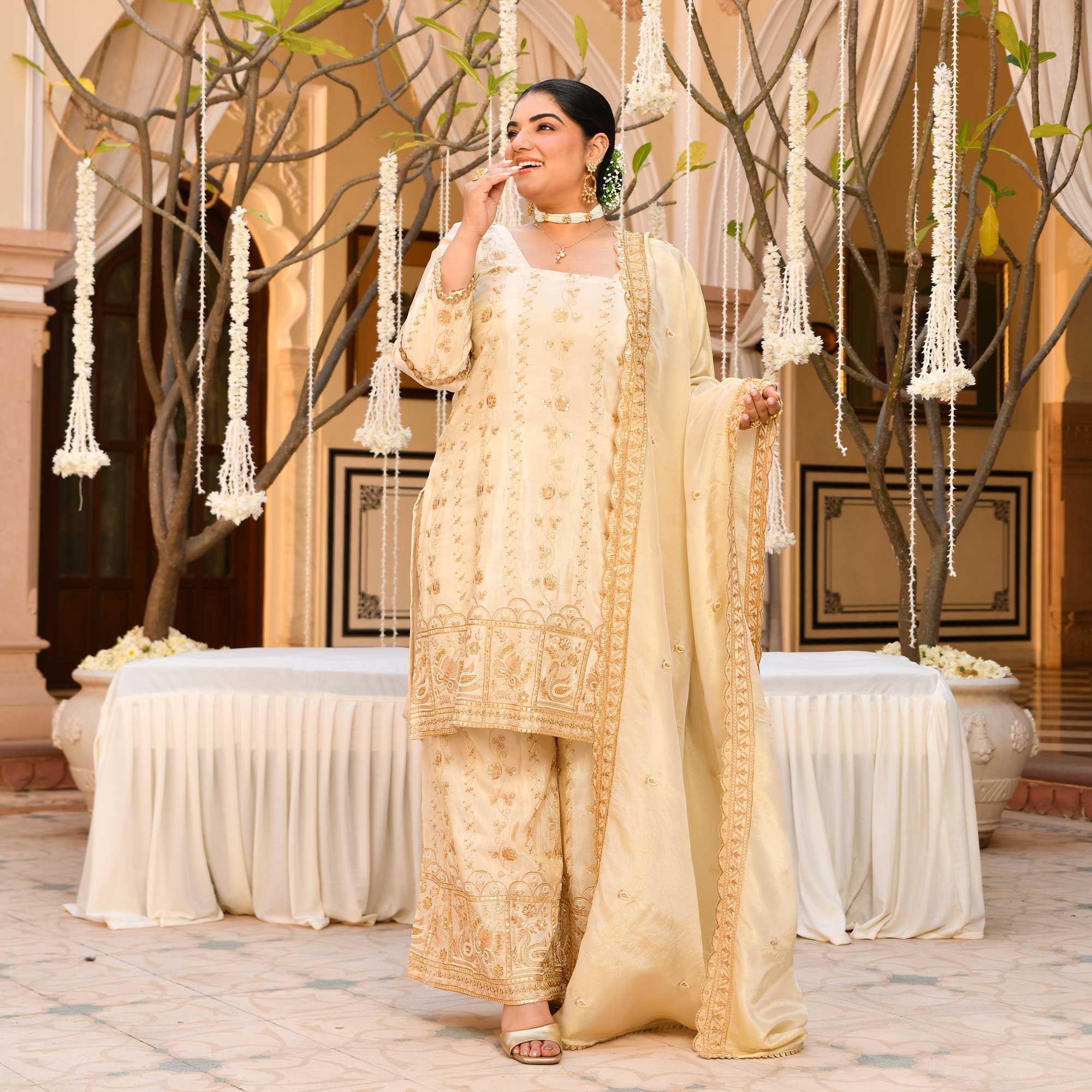 KALKI - Ivory & Gold Cutdana Embroidered Pure Tissue Silk Suit Set