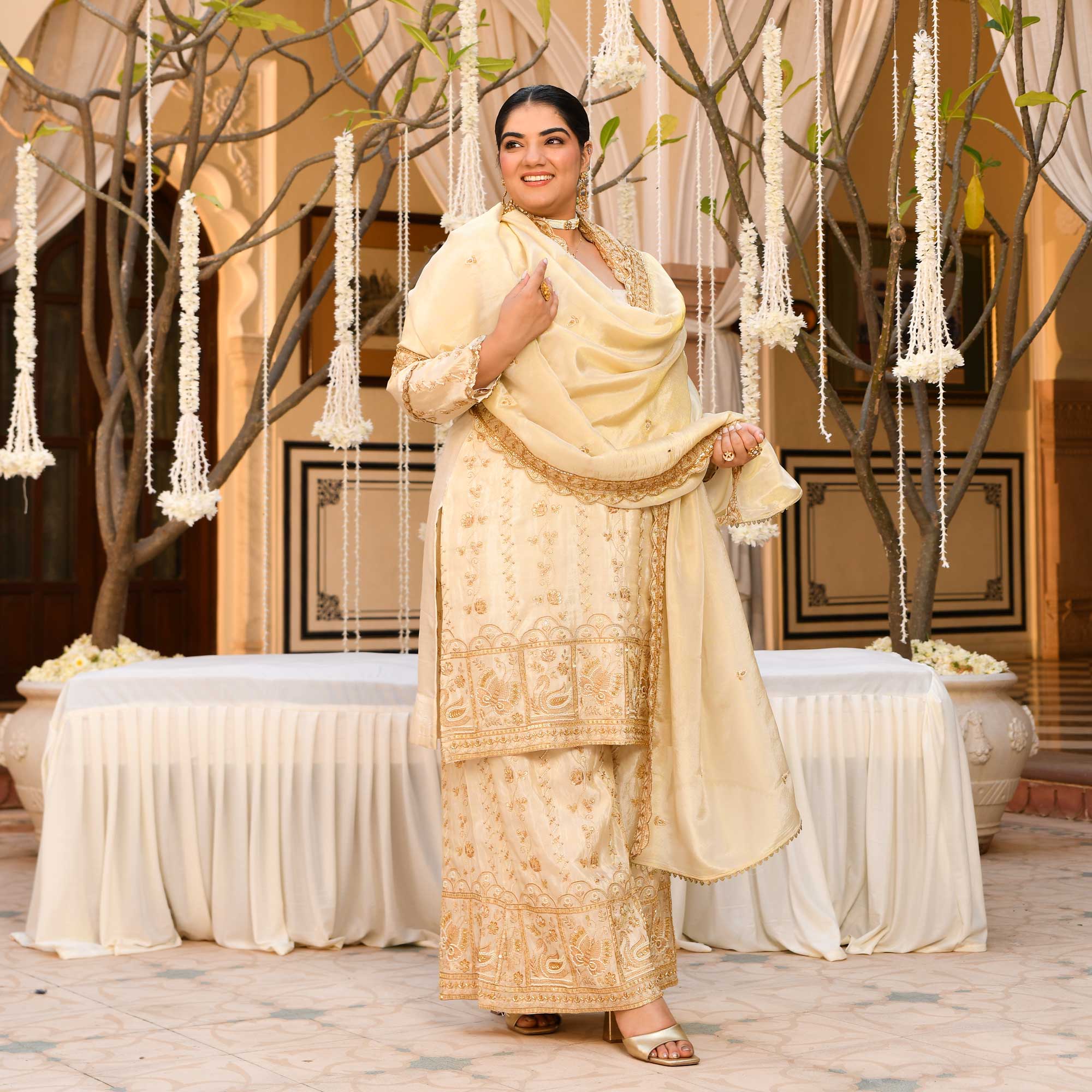 KALKI - Ivory & Gold Cutdana Embroidered Pure Tissue Silk Suit Set