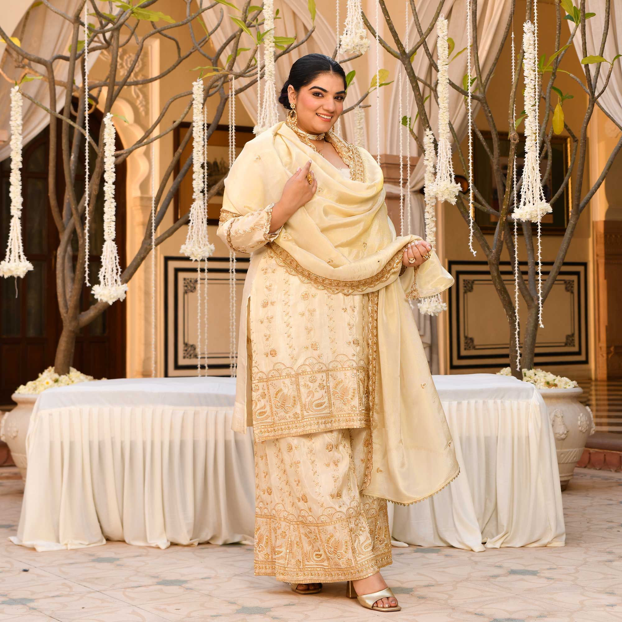 KALKI - Ivory & Gold Cutdana Embroidered Pure Tissue Silk Suit Set