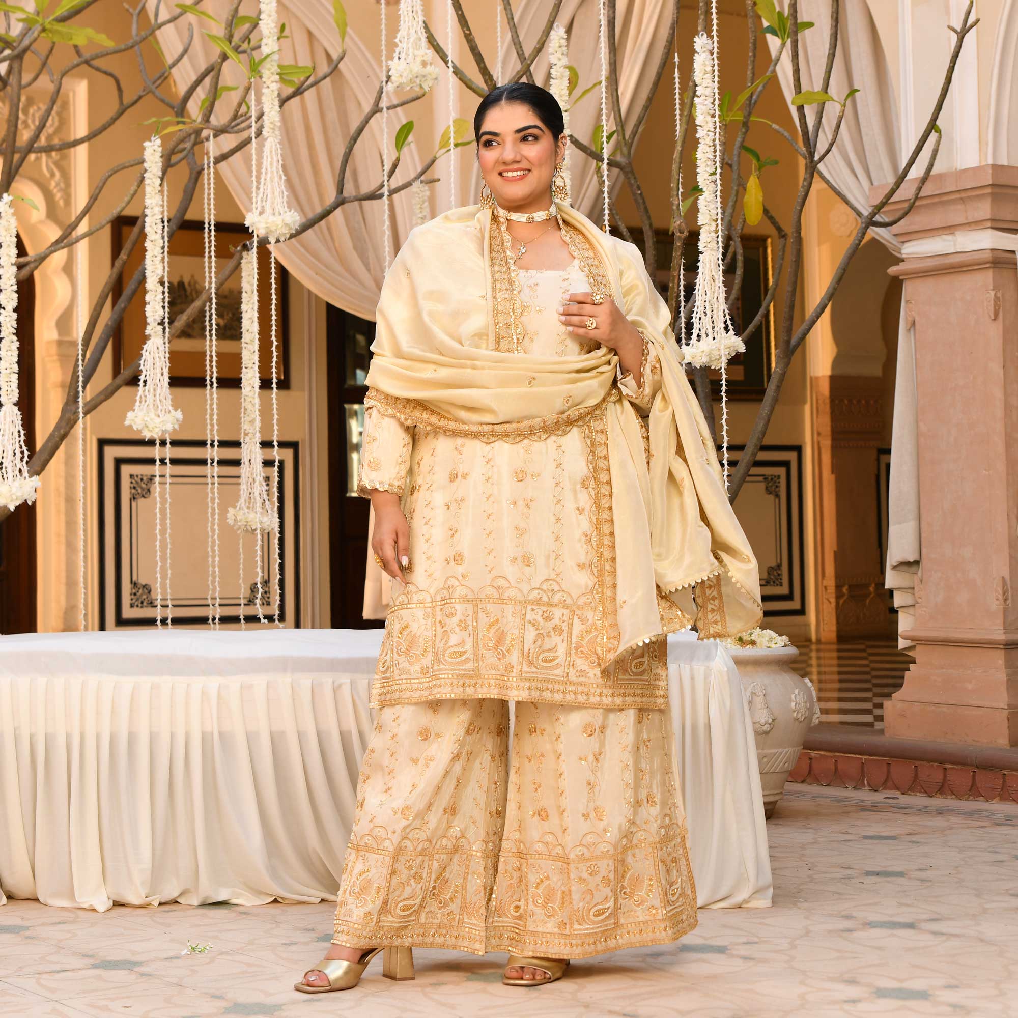 KALKI - Ivory & Gold Cutdana Embroidered Pure Tissue Silk Suit Set