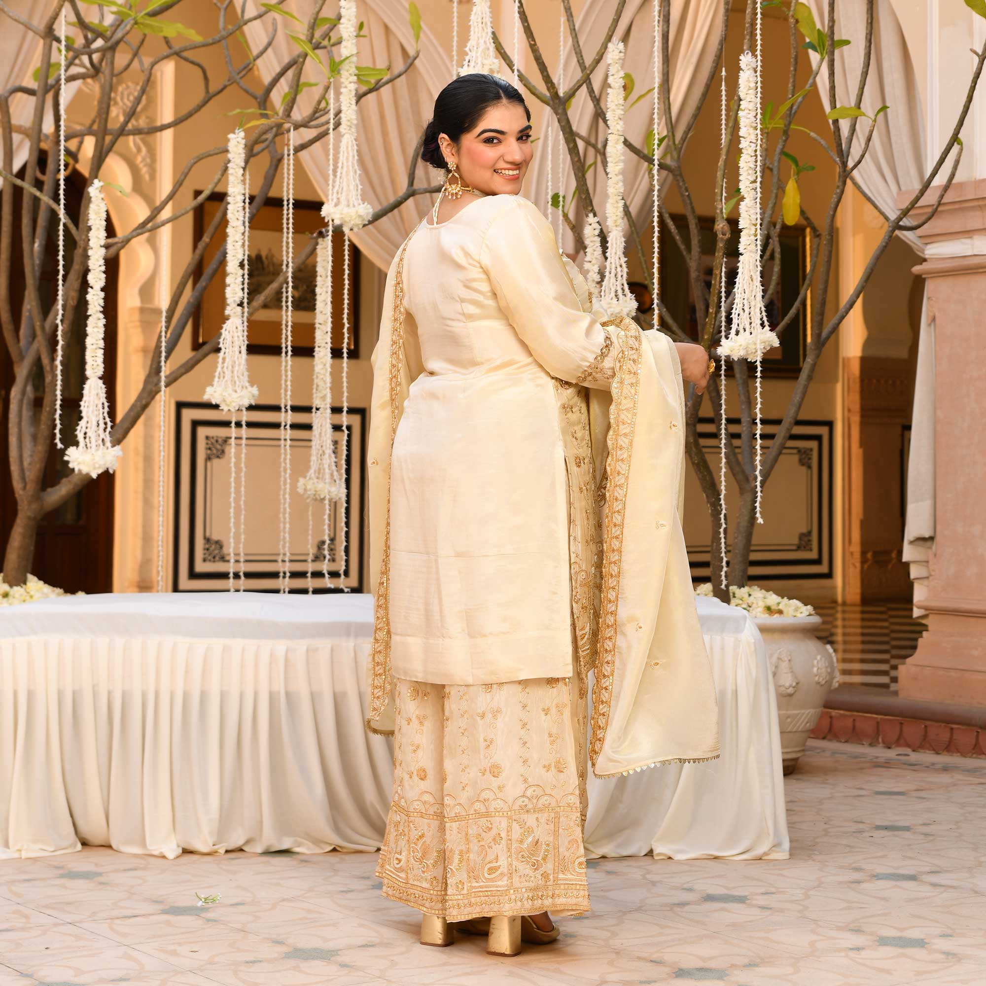 KALKI - Ivory & Gold Cutdana Embroidered Pure Tissue Silk Suit Set
