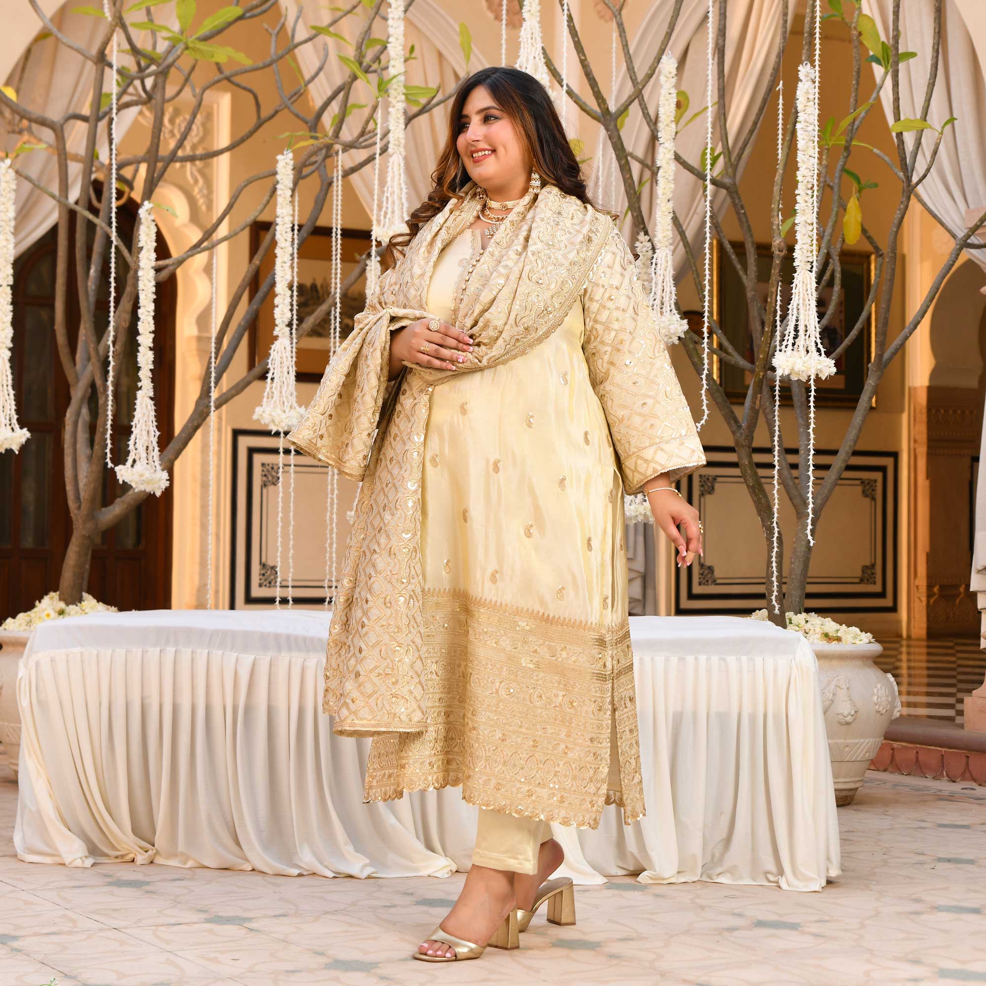 SAHIBA- Ivory & Gold Sequin Embroidered Pure Tissue Silk Suit Set