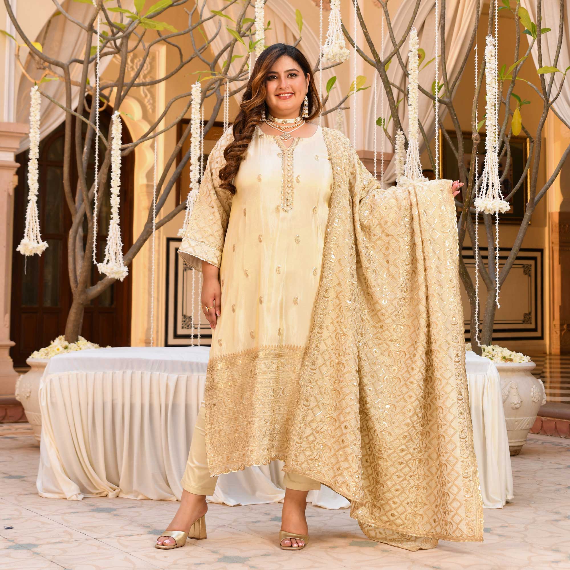 SAHIBA- Ivory & Gold Sequin Embroidered Pure Tissue Silk Suit Set