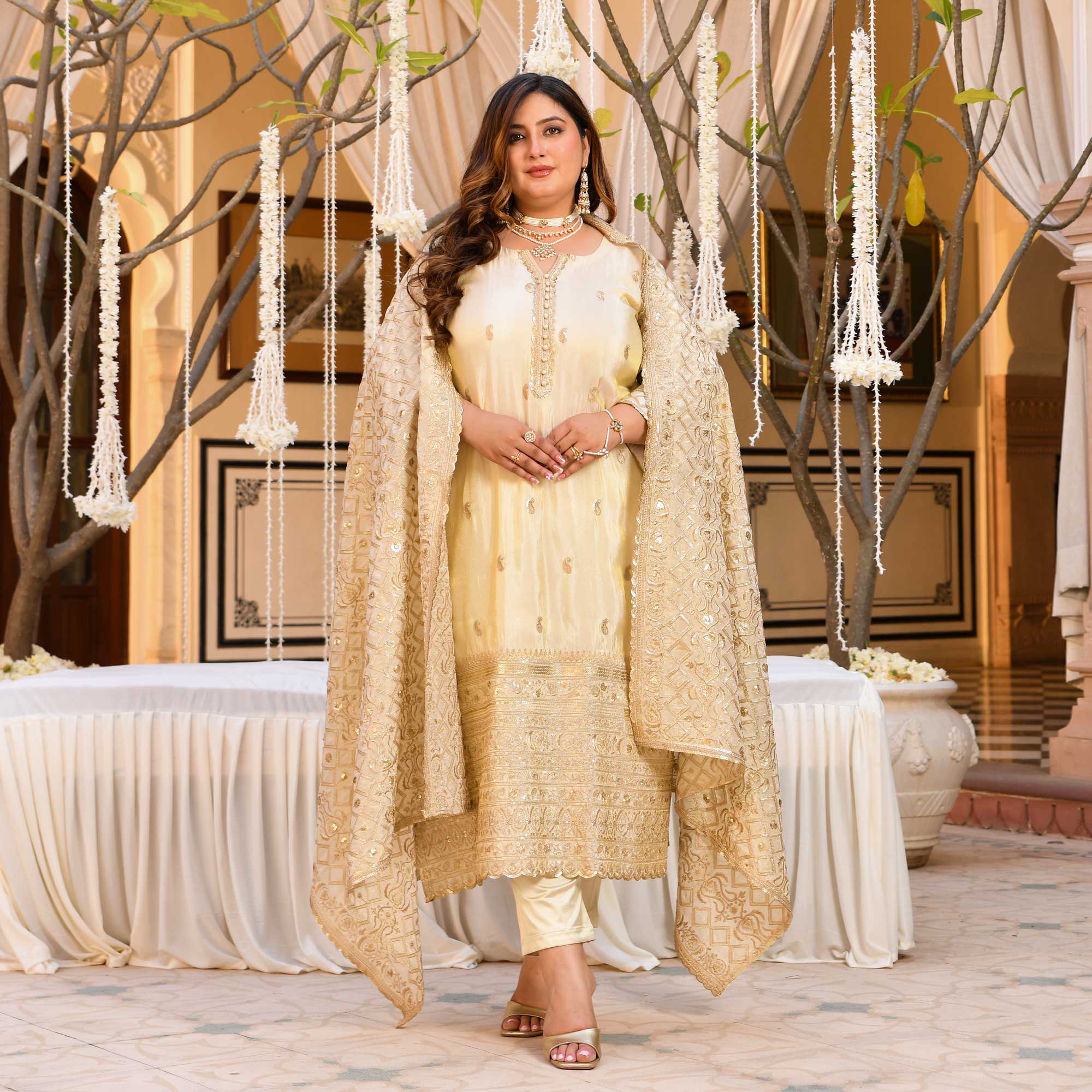 SAHIBA- Ivory & Gold Sequin Embroidered Pure Tissue Silk Suit Set