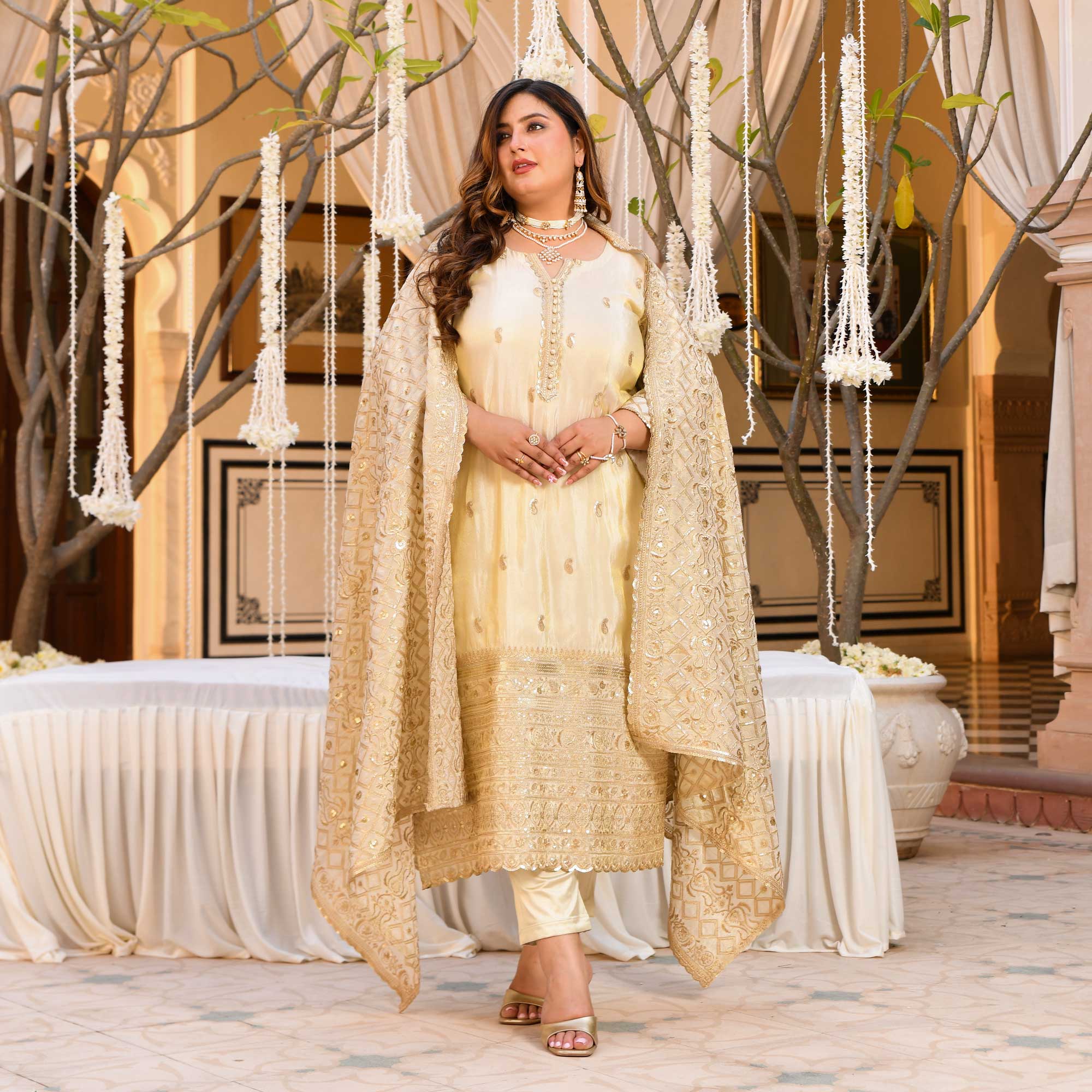 SAHIBA- Ivory & Gold Sequin Embroidered Pure Tissue Silk Suit Set