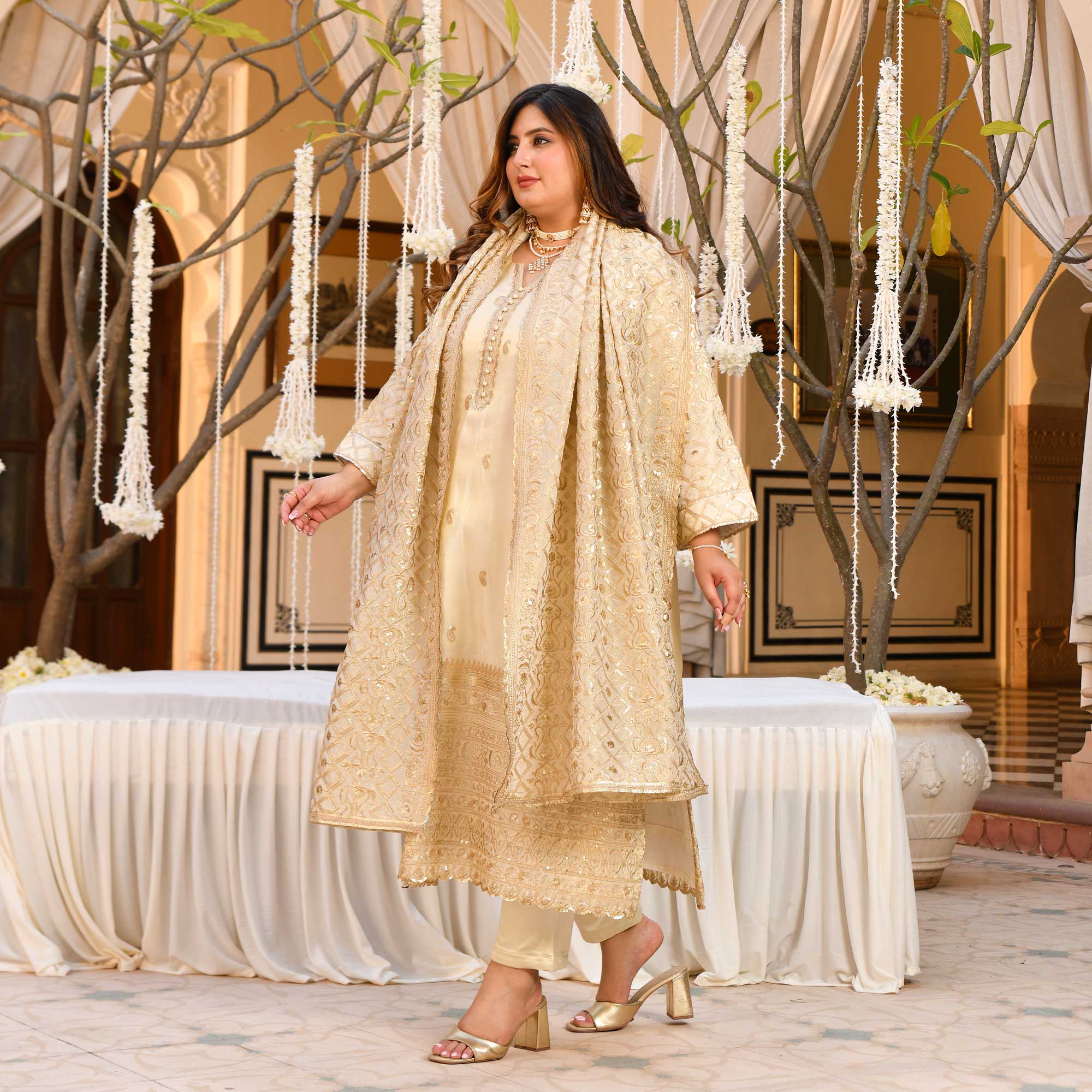 SAHIBA- Ivory & Gold Sequin Embroidered Pure Tissue Silk Suit Set