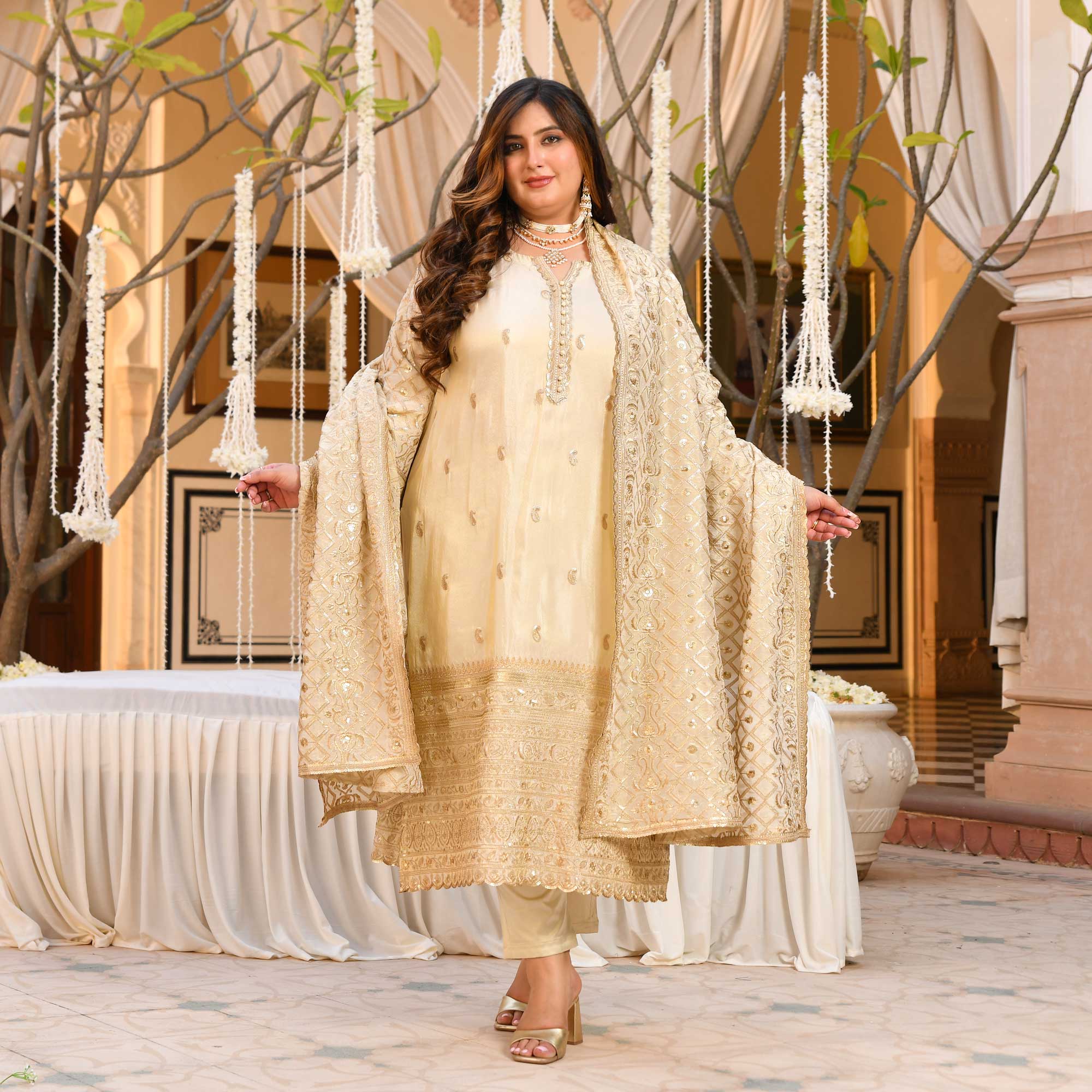 SAHIBA- Ivory & Gold Sequin Embroidered Pure Tissue Silk Suit Set