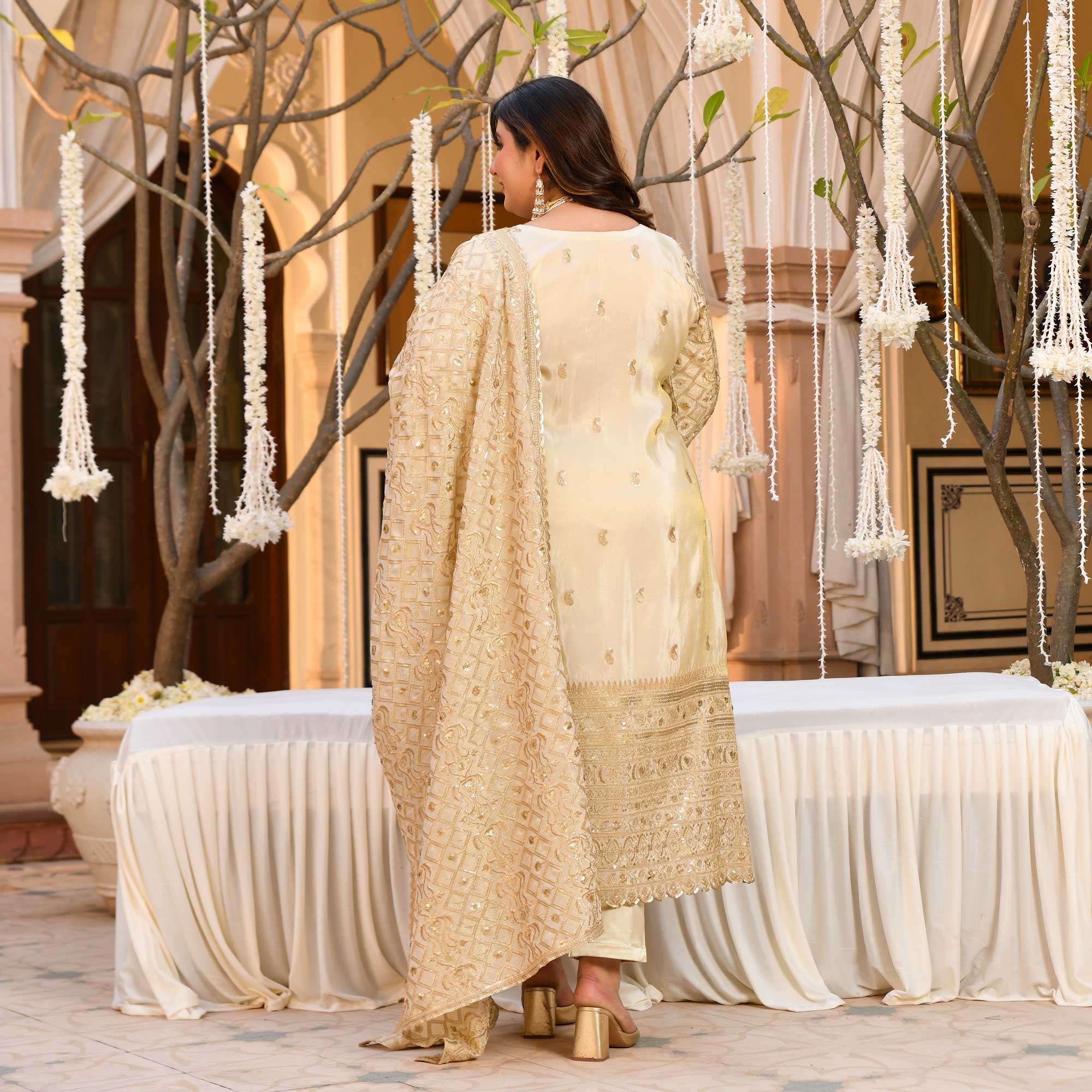 SAHIBA- Ivory & Gold Sequin Embroidered Pure Tissue Silk Suit Set