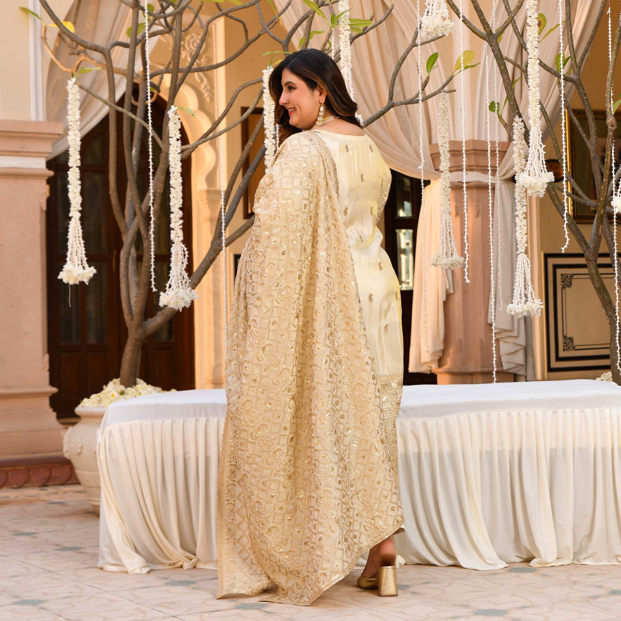 SAHIBA- Ivory & Gold Sequin Embroidered Pure Tissue Silk Suit Set