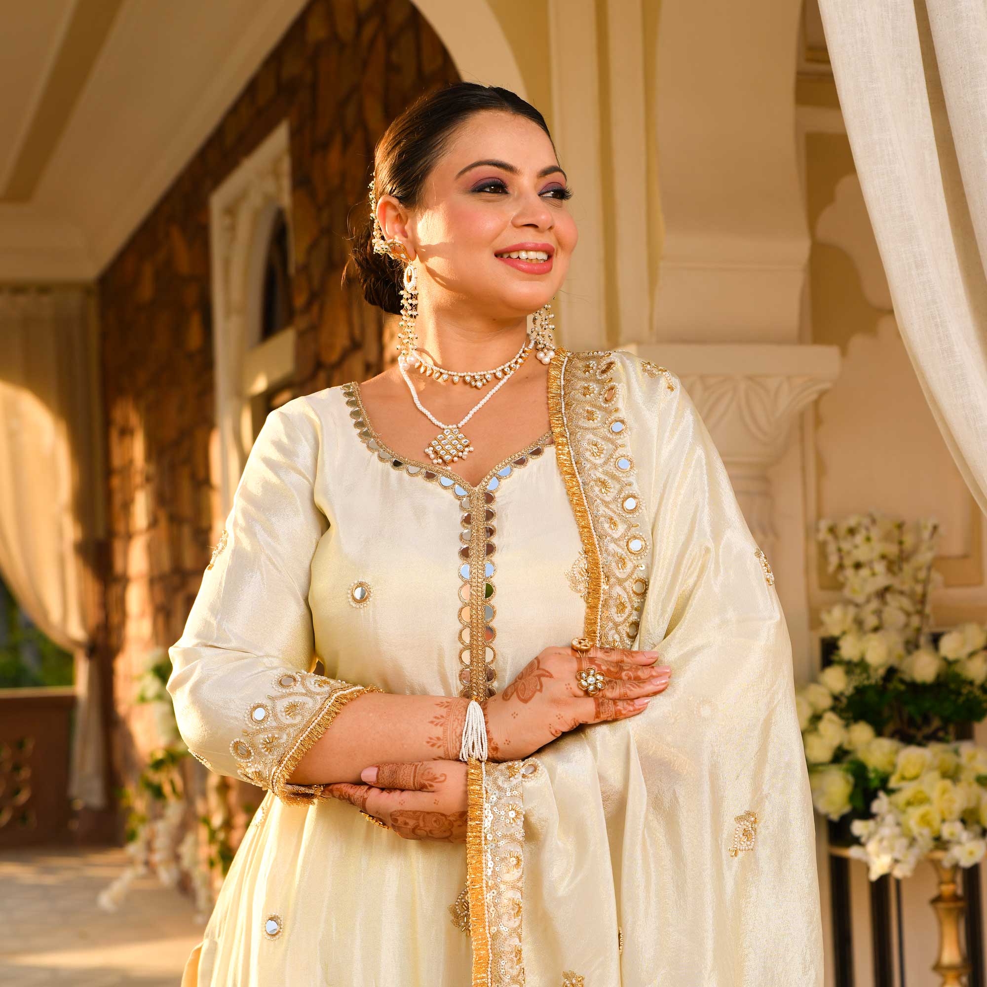 AAINA - Ivory & Gold Mirror & Cutdana Embroidered Pure Tissue Silk Suit Set
