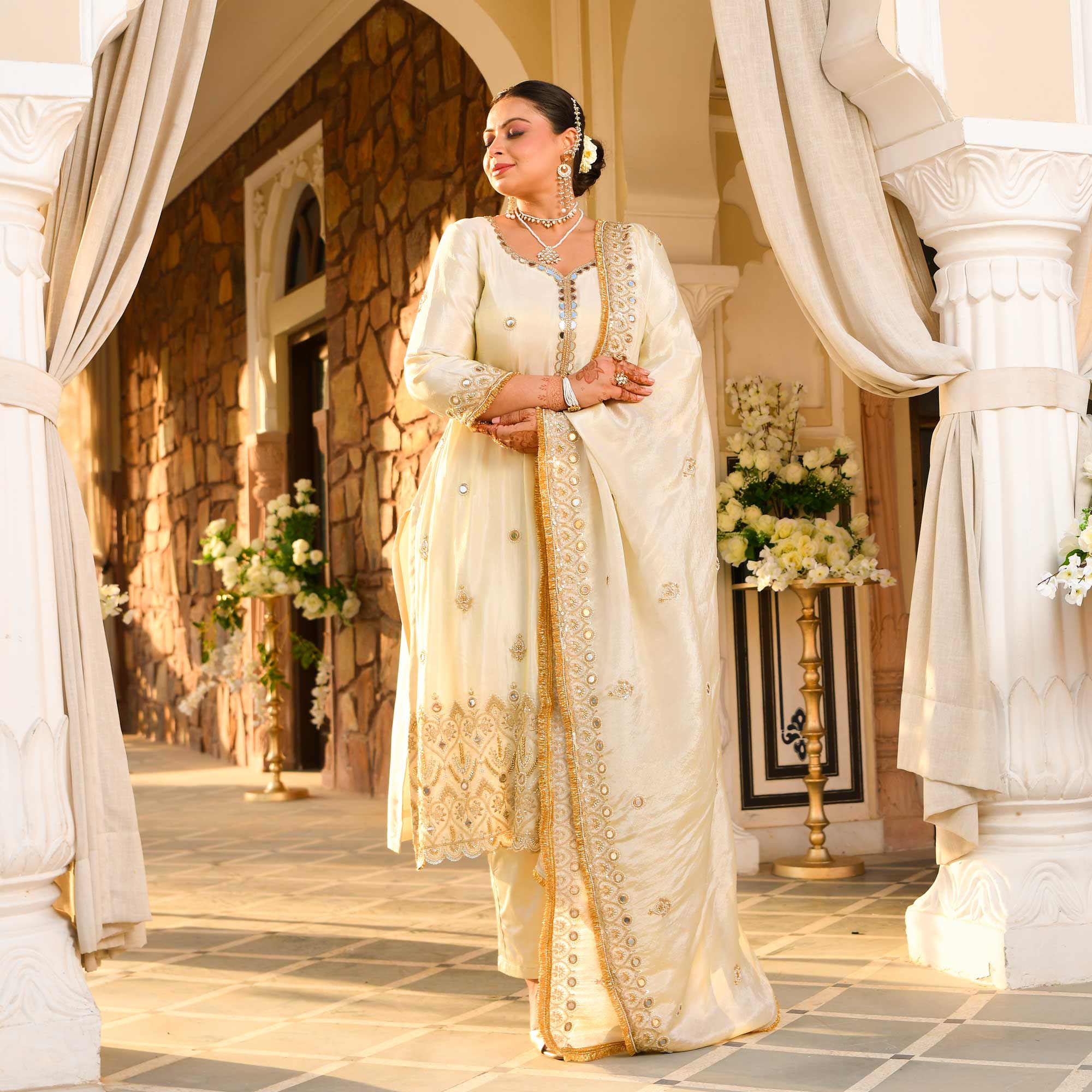 AAINA - Ivory & Gold Mirror & Cutdana Embroidered Pure Tissue Silk Suit Set