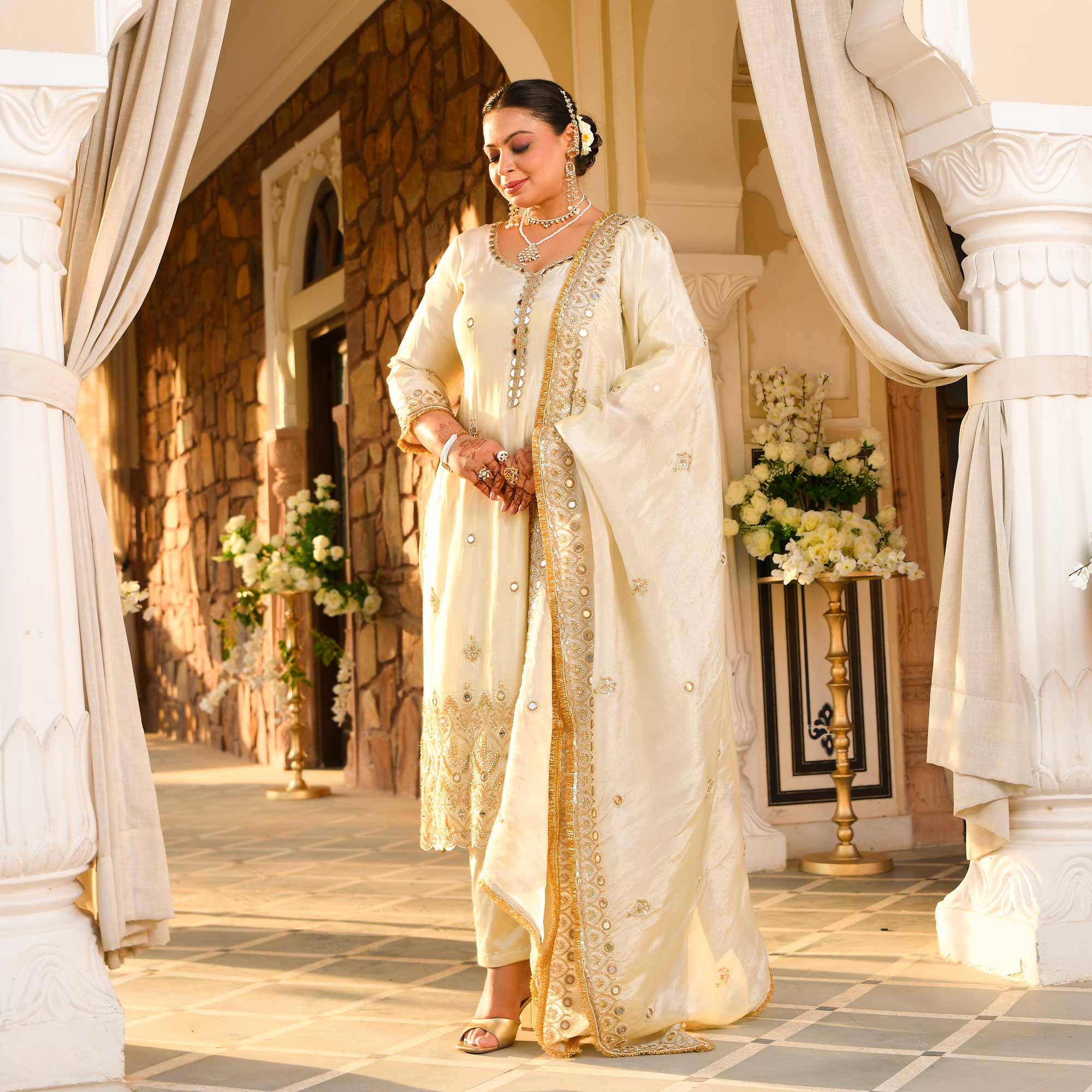 AAINA - Ivory & Gold Mirror & Cutdana Embroidered Pure Tissue Silk Suit Set