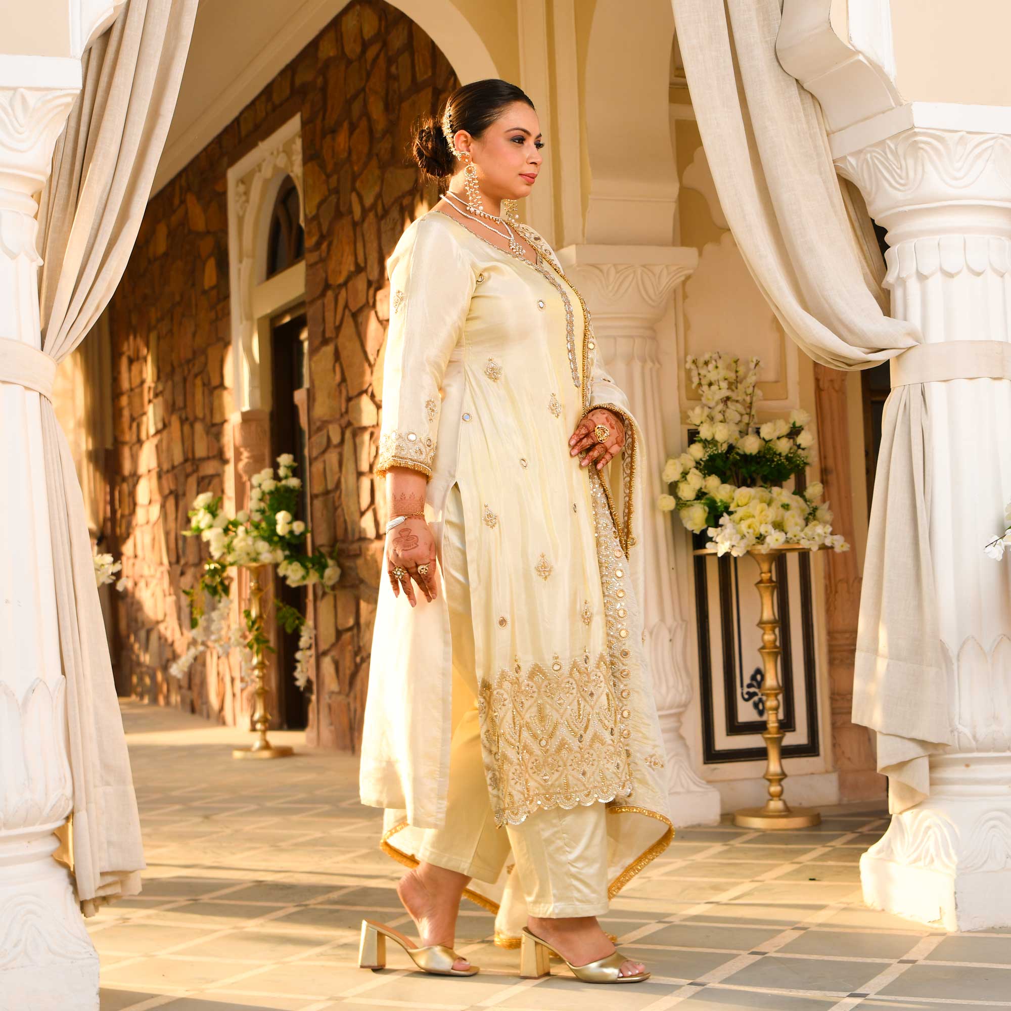 AAINA - Ivory & Gold Mirror & Cutdana Embroidered Pure Tissue Silk Suit Set