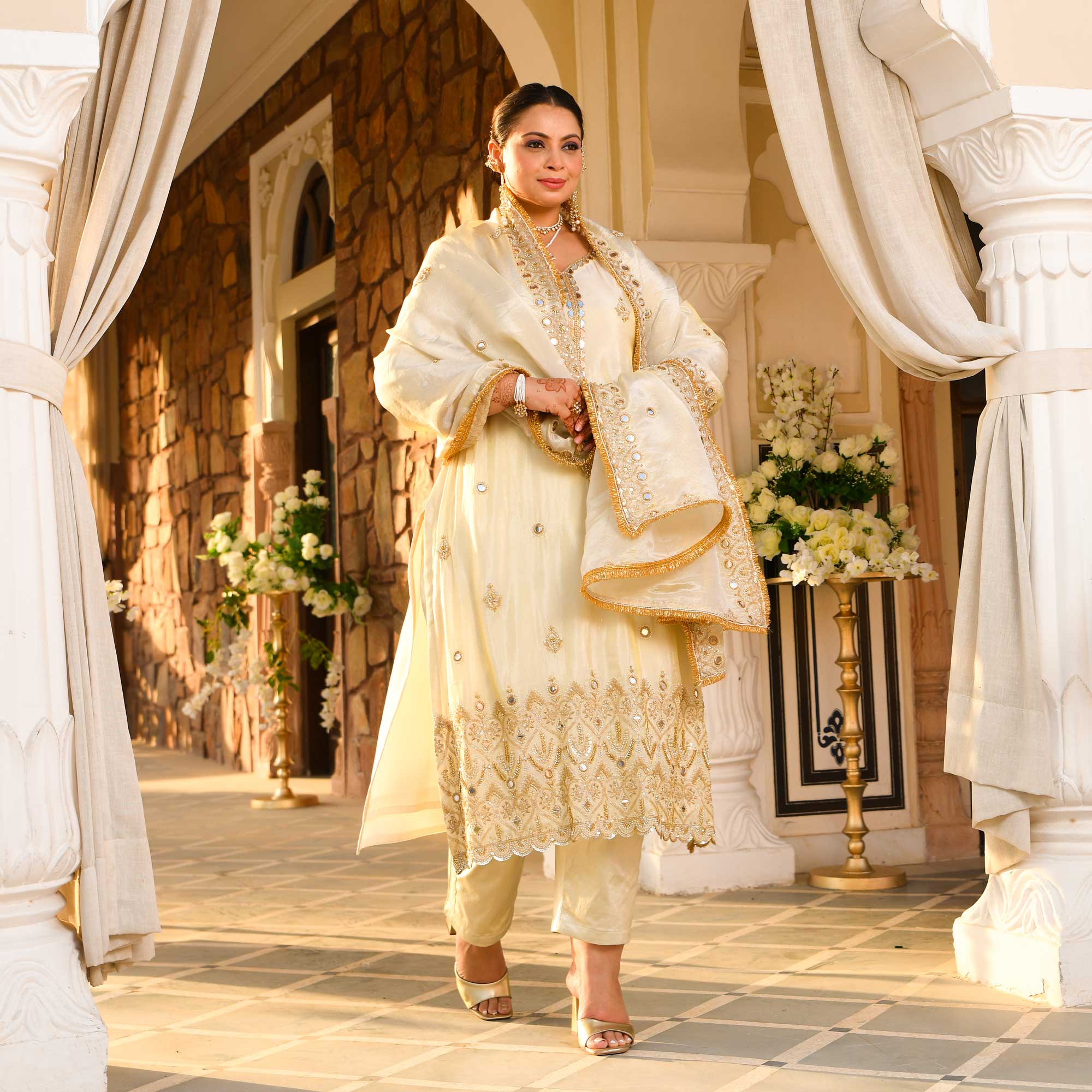 AAINA - Ivory & Gold Mirror & Cutdana Embroidered Pure Tissue Silk Suit Set